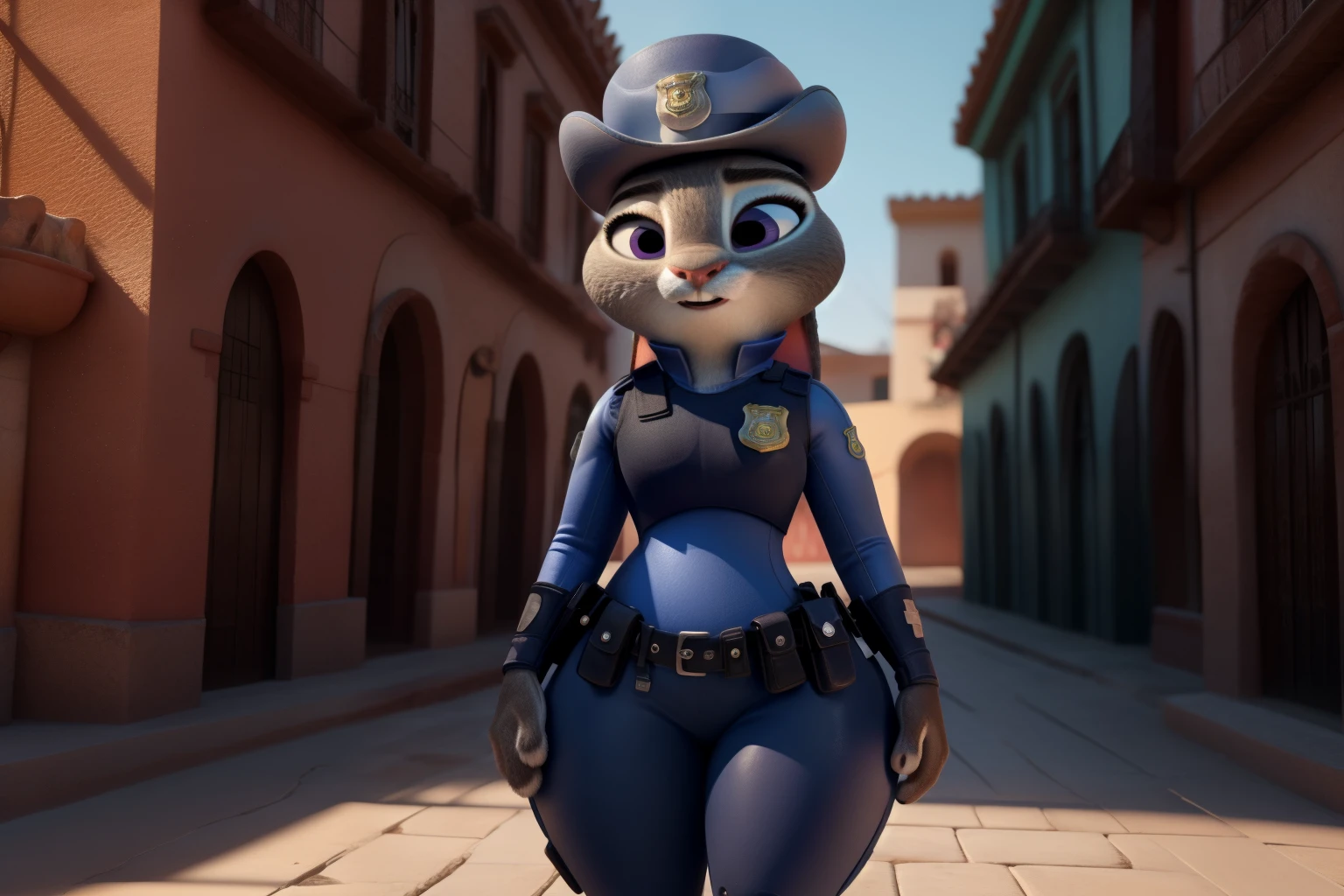 orejas hacia abajo, (Mejor calidad, Obra maestra:1), peluda hembra antro judyhopps, retrato, uniforme de policia, uniforme completo, cola de conejo, police belt, police badge, pantalones azules, sonrisa, ojos morados, pelaje del cuerpo, estilo pixar 3d, cuerpo completo, by qupostuv35, ((wide hips)), on mexico, curvy ass, ((big thighs)), best quality, crushing thighs, butt