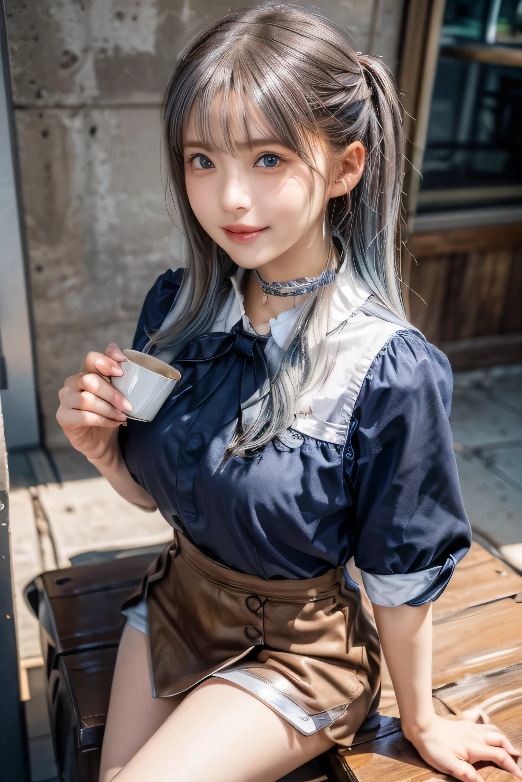 (Photorealistic:1.8, highest quality:1.8,8K masterpiece:1.8,High resolution,Mastepiece:1.8,RAW Photos,Cinematic lighting),No split screen、morning、Cafe、(1 Secretary Girl:1.5)、(Soryu Asuka Langley)、Top view、
(Completely naked、choker、Medium chest、White Shirt、Black Uniform、mini skirt、Wide open chest、Beautiful thighs、Plump nipples)、
Twin tails、(Beautiful, shining red, blue, white, brown and silver hair:1.5)、Sparkling Blue Eyes、
greet、Smile、holding a coffee cup