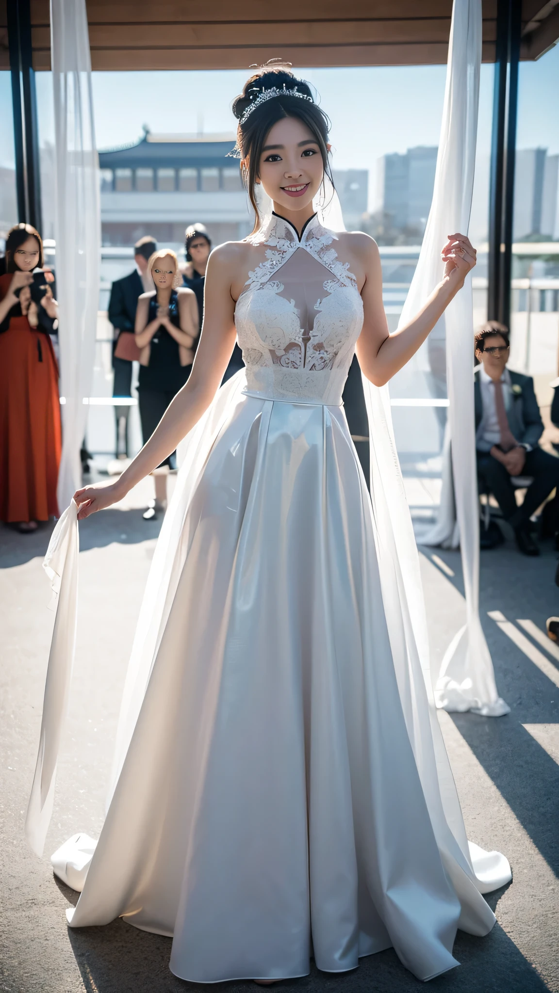 (Good structure),SLR quality,Depth of Field,view,Dynamic poses,Friendly Smile,Transparent blue and white porcelain PVC leather,Transparent blue and white porcelain skin scales,Prism,holographic,Chromatic Aberration,Fashion Illustration,masterpiece,Chinese Dragon and Harajuku Fashion,Looking at the audience,8k,Super detailed,Wedding dress,Big breasts,Not exposed,elegant,Smiling