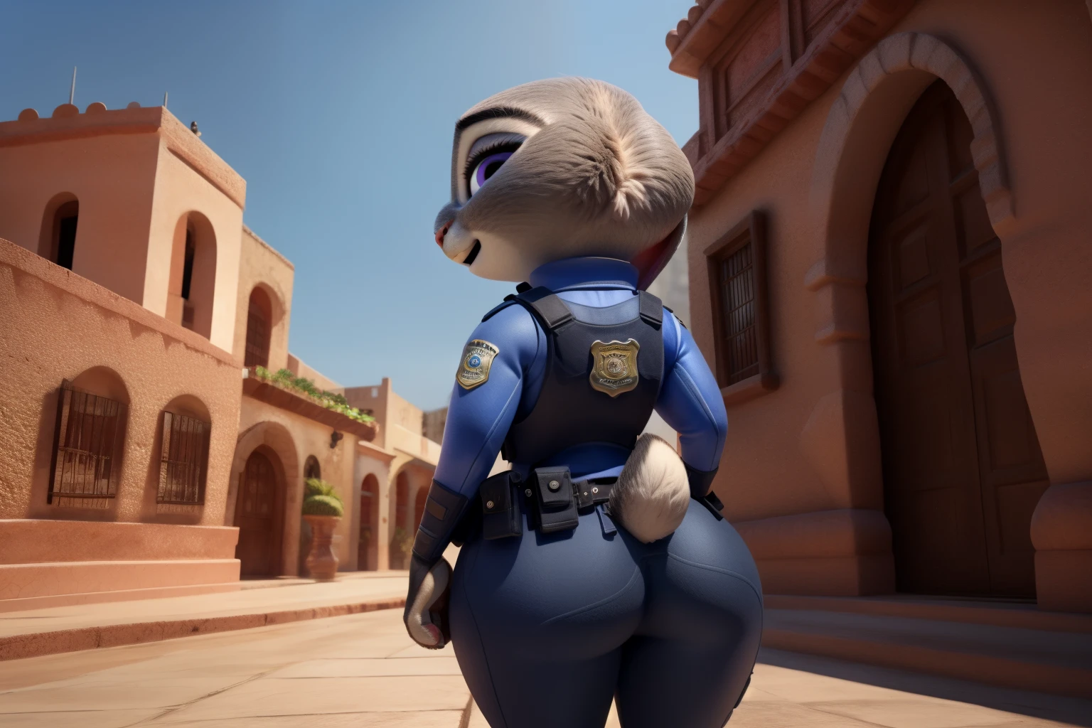 orejas hacia abajo, (Mejor calidad, Obra maestra:1), peluda hembra antro judyhopps, retrato, uniforme de policia, uniforme completo, cola de conejo, police belt, police badge, pantalones azules, sonrisa, ojos morados, pelaje del cuerpo, estilo pixar 3d, cuerpo completo, by qupostuv35, ((wide hips)), on mexico, curvy ass, best quality, crushing thighs, butt, having a thick dragon tail