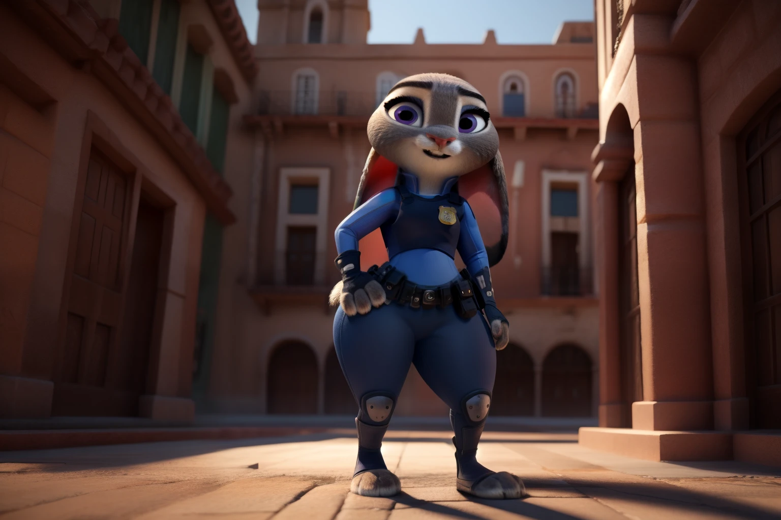 orejas hacia abajo, (Mejor calidad, Obra maestra:1), peluda hembra antro judyhopps, retrato, uniforme de policia, uniforme completo, cola de conejo, police belt, police badge, pantalones azules, sonrisa, ojos morados, pelaje del cuerpo, estilo pixar 3d, cuerpo completo, by qupostuv35, ((wide hips)), on mexico, curvy ass, best quality, crushing thighs, butt