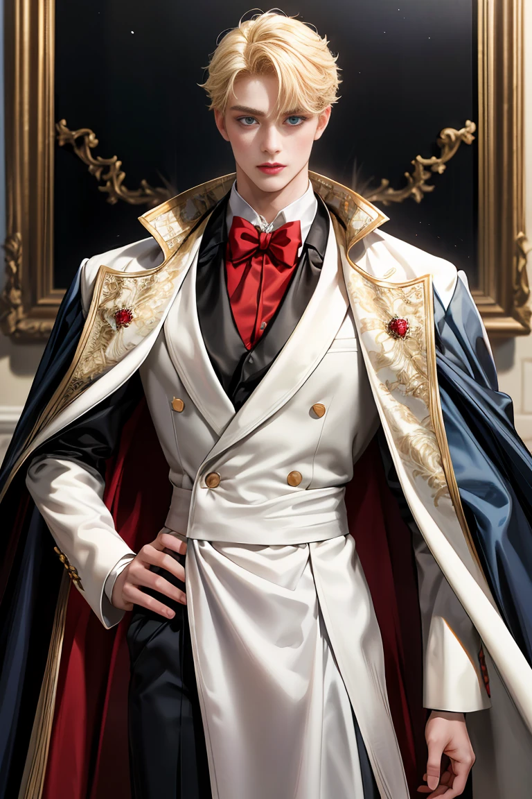 masterpiece, 最high quality, high quality, 1 boy, alone, Male focus, Watching the audience, Messy blonde, Adorable big blue eyes, White, Noble, Noble, Beautiful Vampire、Tuxedo、A very voluminous, large, very large, very large, long, long red and black cape with a high stand-up collar, made of a lot of fabric that reaches down to the floor., 17 years old,Cute beautiful boys,Cute, cute, kind, handsome guy