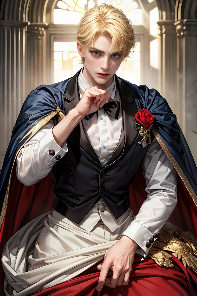 
masterpiece, 最high quality, high quality, 1 boy, alone, Male focus, Watching the audience,  Messy blonde, Adorable big blue eyes, White, Noble, Noble, Beautiful Vampire、Tuxedo、A very voluminous, large, very large, very large, long, long red and black cape with a high stand-up collar, e of a lot of fabric that reaches down to the floor., 17 te beautiful boys,Cute, cute, kind, handsome guy
