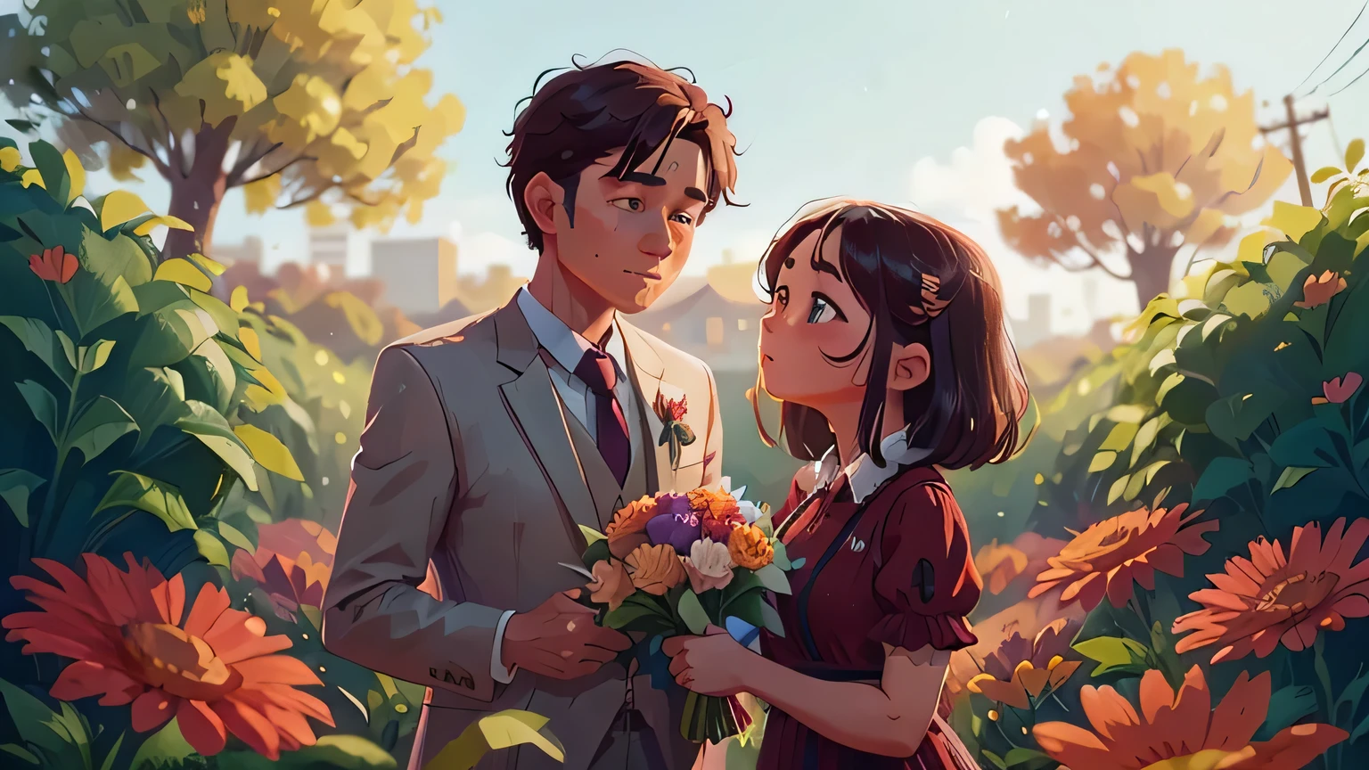 a man handing a bouquet of flowers to a woman, high quality 8k cinematic