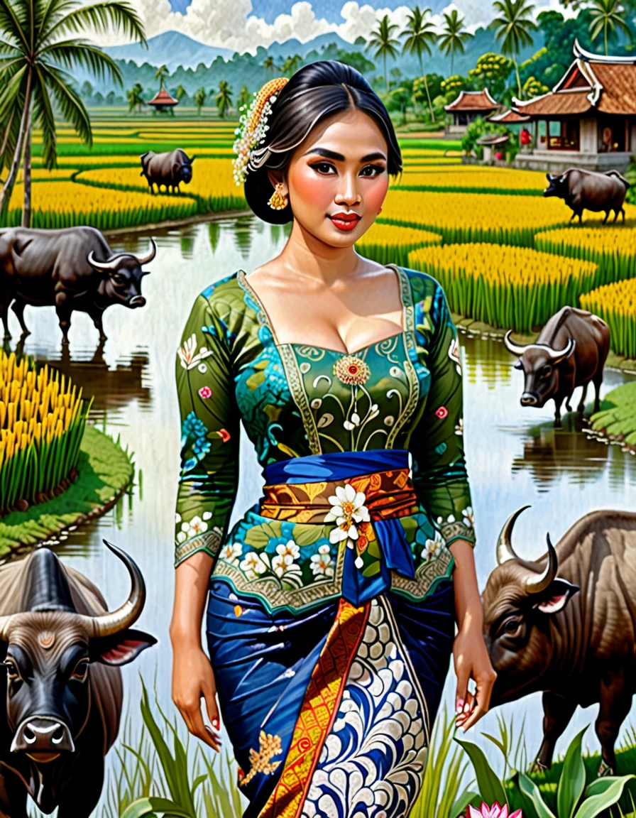 beautiful busty alluring curvy seducing javanese peasant woman donning a brocade kebaya dress and batik long skirt, simple bun hairdo with small beautiful flowers in her hair, insanely detailed and intricate terraced rice field background with water buffalo ajd duck shepherd in a far distance, oil on canvas painting, realistic style, heavily influenced by Don Lawrence photorealistic brush stroke style