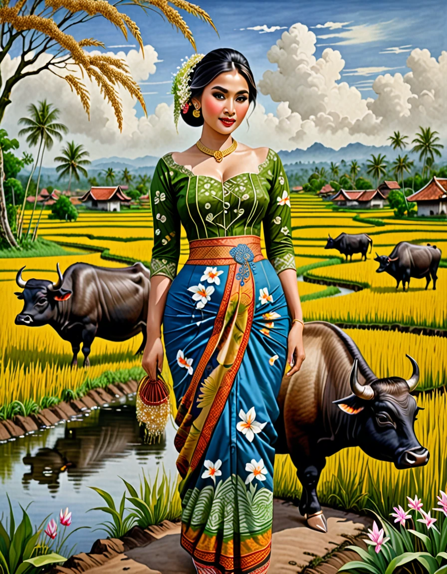 beautiful busty alluring curvy seducing javanese peasant woman donning a brocade kebaya dress and batik long skirt, simple bun hairdo with small beautiful flowers in her hair, insanely detailed and intricate terraced rice field background with water buffalo ajd duck shepherd in a far distance, oil on canvas painting, realistic style, heavily influenced by Don Lawrence photorealistic brush stroke style