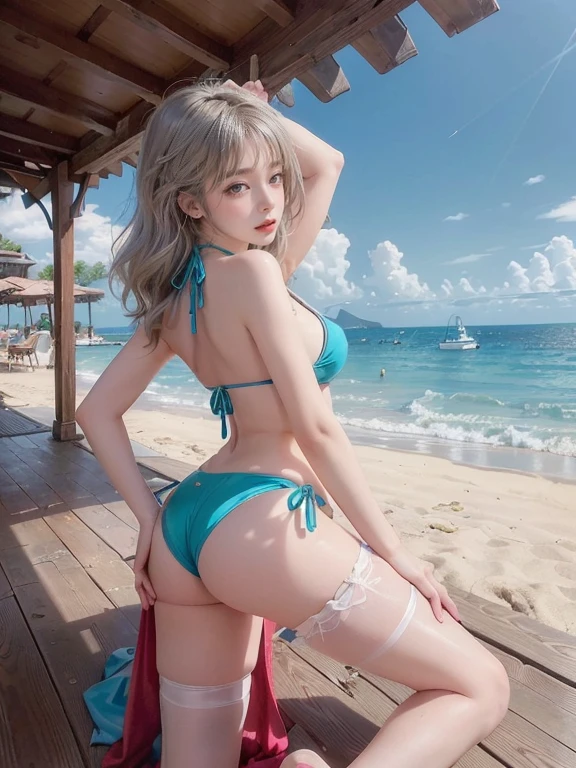 (best quality, 8k, masterpiece, Ultra HD: 1.3), (K-pop idol: 1.4), 1 beautiful girl, (Large Breasts: 1.2), Chest gathering,(You can see the shape of the nipple:1.2),(Long hair), Abdominal muscles, Perfect body, Ultra-detailed face shape, Delicate lips, Fair, Skin is hydrated, sweaty skin, Wavy Blonde, Silver Light Hair , super fine hand, Thin fingers, side splits,(Random color sheer bikini:1.4), Random Color(Random Color), (Large Breasts), ()), (Glasses), ((detailed pantyhose)),detailed, at the seaside, seaside, Beach, Sexy Girls, transparent, Seductive smile, ((Look into her eyes、see below)),Stay focused,Love in the eyes,Provocative expressions,, detailed legs, , (Back level:1.4),(Elbows and knees on the ground:1.3),(Arch your waist high:1.3),(Lift your right leg up to expose your hips:1.6),(Open your legs:1.3),(Enhance the buttocks:1.3), (Bikinis fit tightly around the genitals and buttocks:1.3),(beautiful little ass:1.3)、(Stick out your ass)、Beautiful back、Hands on the wall、lag、angle from behind、You can clearly see the shape of your butt、Gesture of invitation、Sexy、Just be blunt、excited、(Show your butt)、Exposure behavior、Show your butt、(Beautiful thighs)、(Perfect anatomical structure:1.2),((Looking Back, Rear Projection)),Start from below:1.6,