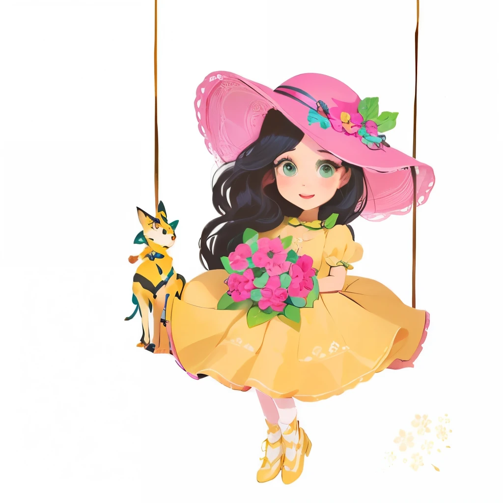 uma de vestido amarelo, with pink flowers in hand, pink hat, ilustrado em estilo caprichoso, mulher fofa, Ilustra??o estilo desenho animado, cute garota, hand painted cartoon art style, Cute illustration, estilo de arte fofo, garota, arte digital fofa, stylized digital illustration, SVG illustration, colorful illustration