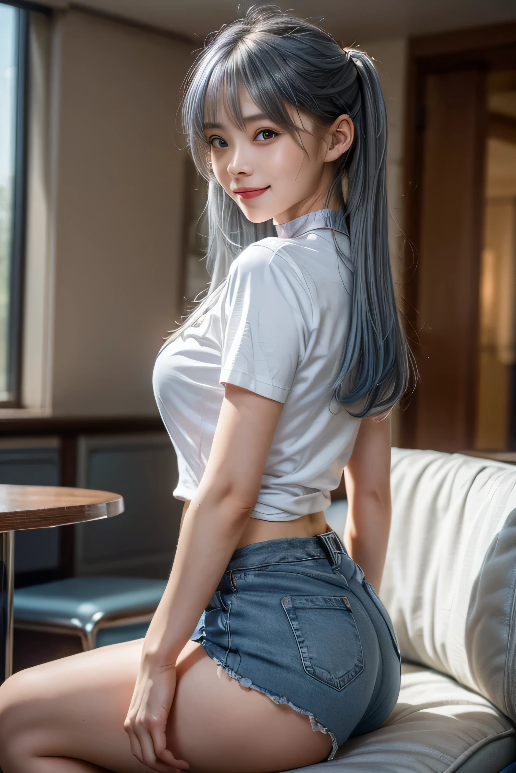 (Photorealistic:1.8, highest quality:1.8,8K masterpiece:1.8,High resolution,Mastepiece:1.8,RAW Photos,Cinematic lighting),No split screen、morning、Cafe、(1 female college student:1.5)、(Soryu Asuka Langley)、Photo from behind、
(Completely naked、choker、Medium chest、White Shirt、Tight micro short denim、Wide open chest、Beautiful thighs、Plump nipples)、
Twin tails、(Beautiful, shining red, blue, white, brown and silver hair:1.5)、Sparkling Blue Eyes、
greet、Smile