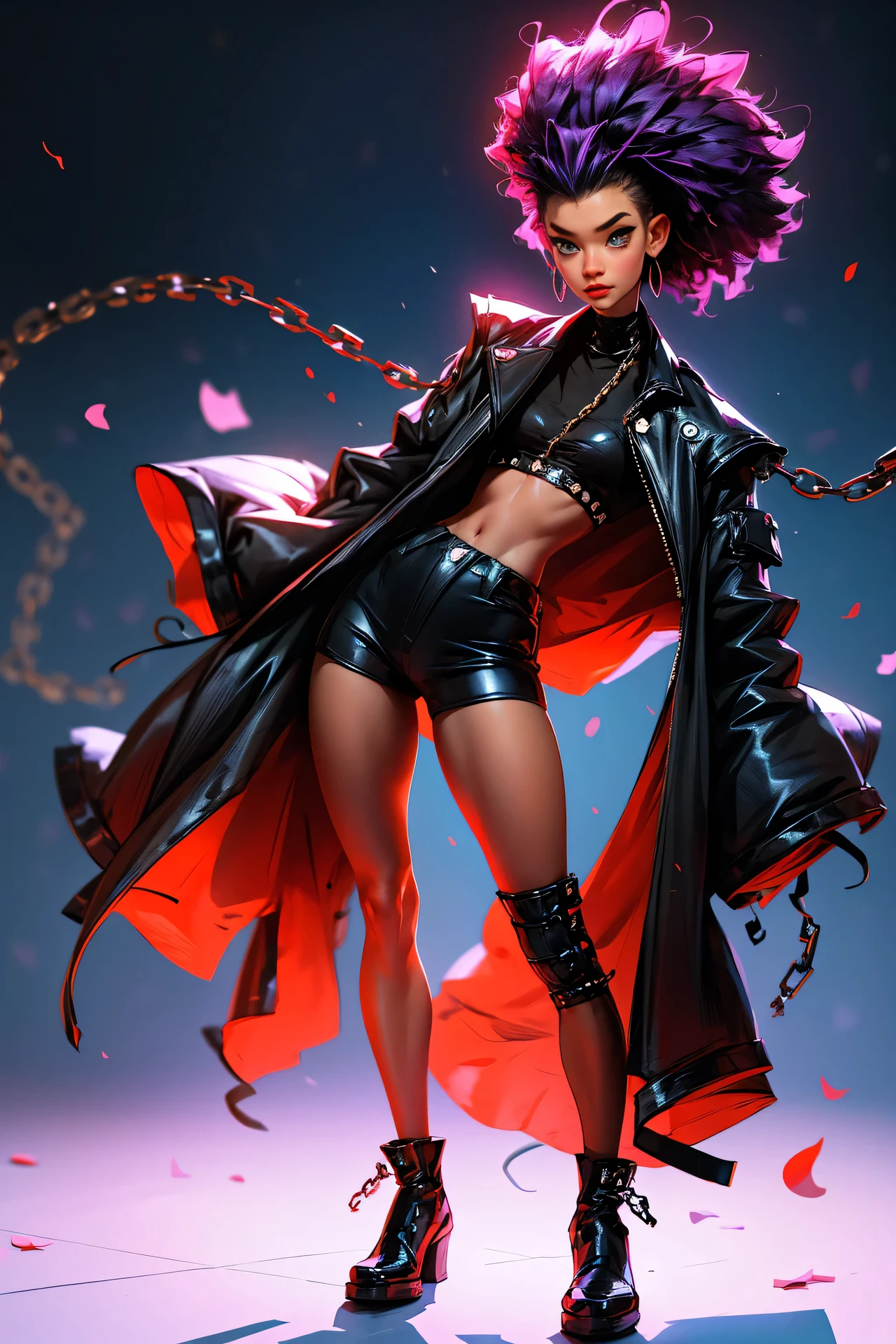 models, professional:1.6, (best quality,4k,8k,highres,masterpiece:1.2),ultra-detailed,realistic,punk style,punk fashion,full body shot:1.5,general shot:1.5, rebellious,spiked clothing,chain accessories, rebellious pose,high mohawk,violet hair,colorful,edgy background,studio lighting,dynamic pose y elegante