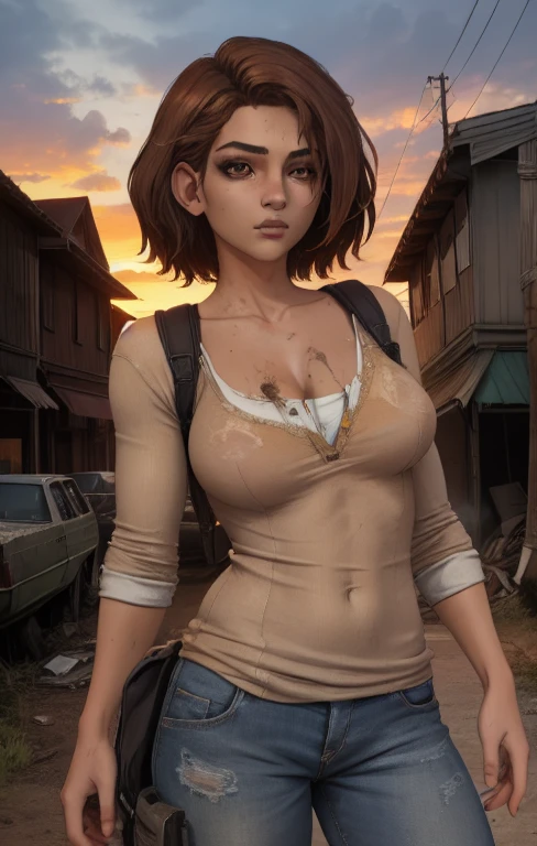 Clementine, brown hair, brown eyes,  medium hair, 
dirty clothes, white shirt,   medium breasts, 
 standing,   leaning to the side, 
cloudy, dusk,  junkyard, 
(insanely detailed, beautiful detailed face,beautiful detailed eyes, masterpiece, best quality),
 