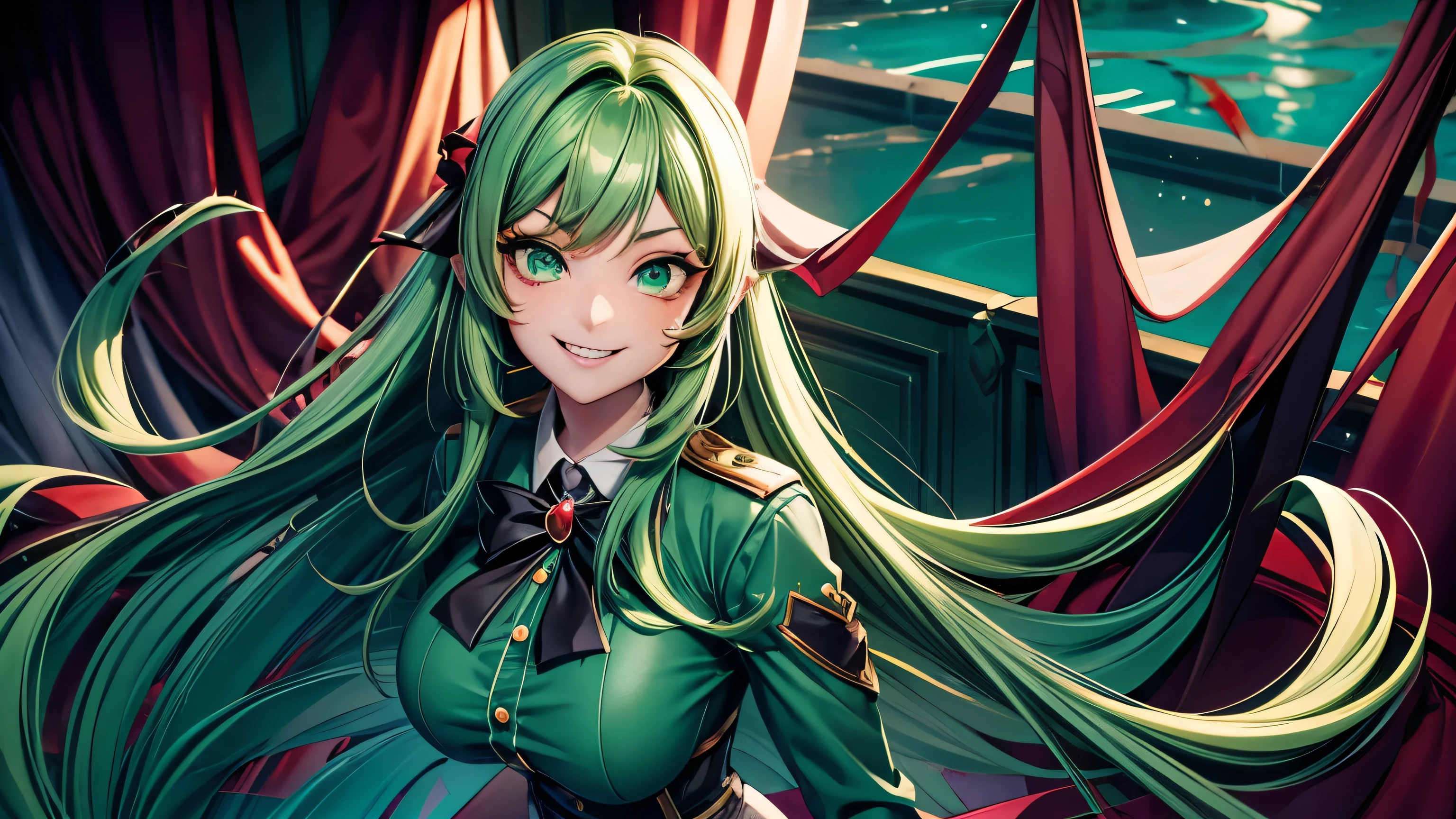 Extremely beautiful girl, green hair, long hair, bright green eyes, Green high school girl uniform, huge breasts, Yandere and evil smile, Holding a knife full of blood, face full of blood and extremely scary, Room with pools of blood background, Clothes full of blood, good quality, masterpiece, Beautiful eyes, Detailed eyes, Big eyes, Visual novel game style