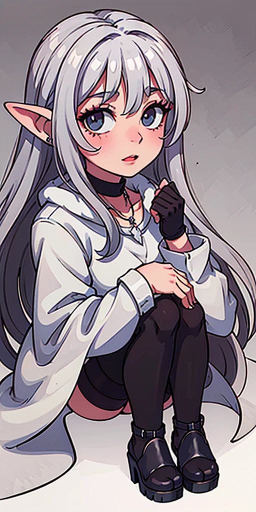 Pirotess dark elf. 1girl, white silver long hair, tellow eyes, white dress, black stockings, white high heels, jewelry necklace, fur coat, portrait