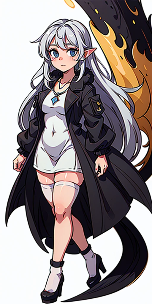 Pirotess dark elf. 1girl, white silver long hair, tellow eyes, white dress, black stockings, white high heels, jewelry necklace, fur coat, portrait