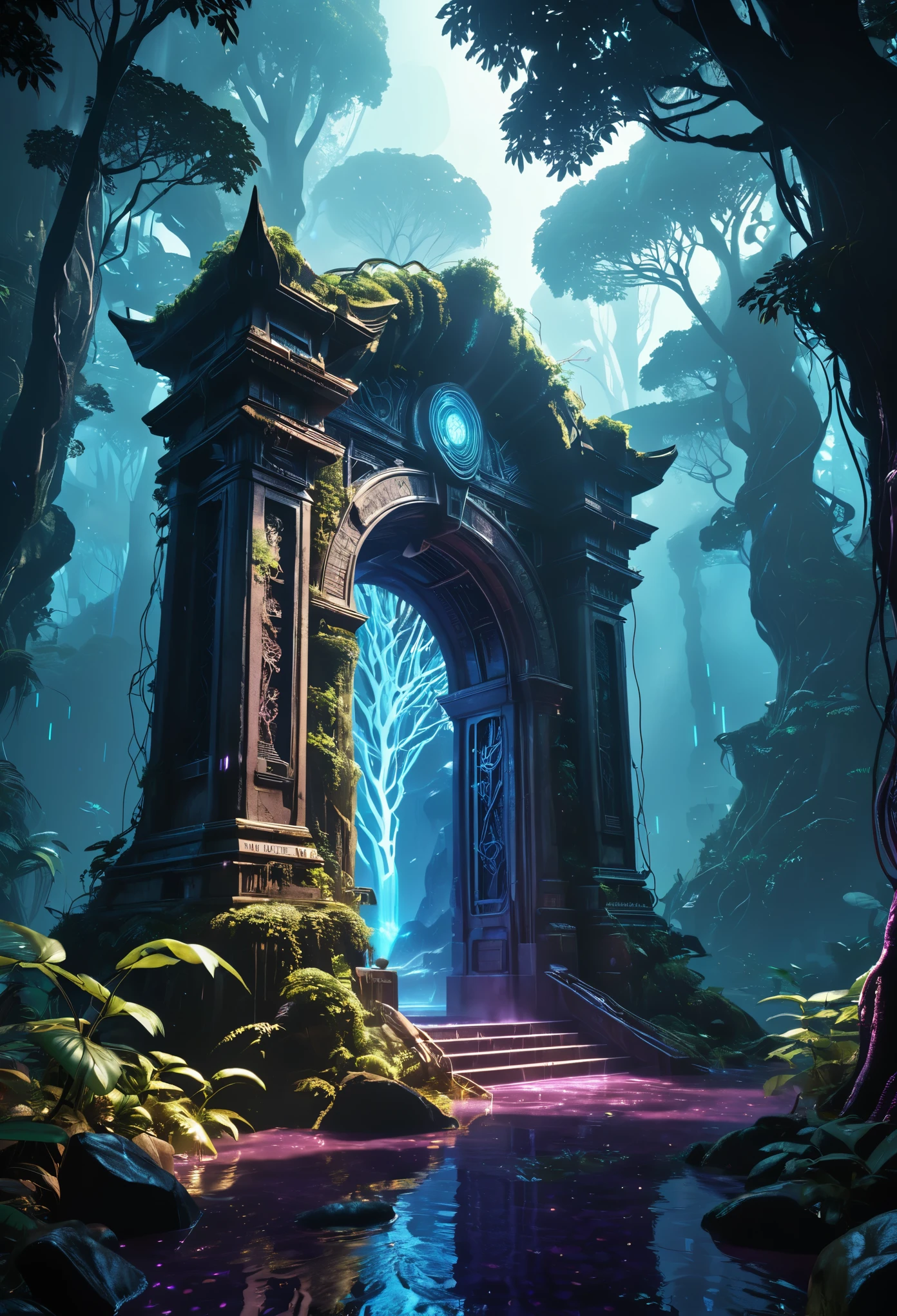 (Digital Artwork:1.3) of (Sketched:1.1) octane render of a mysterious dense forest with a large (magical:1.2) gate (portal:1.3) to the eternal kingdom, blade runner, intricate (vine:1.2), massive tree in liquid metal, realistic digital painting portrait, shot at 8k resolution, petrol liquid, pastel color, splash art, blue and purple magic universe, light engrave in intricate details, (light particle:1.2), (game concept:1.3), (depth of field:1.3), global illumination,Highly Detailed,Trending on ArtStation