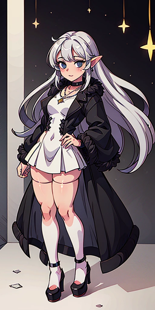 Pirotess dark elf. 1girl, white silver long hair, tellow eyes, white dress, black stockings, white high heels, jewelry necklace, fur coat, portrait