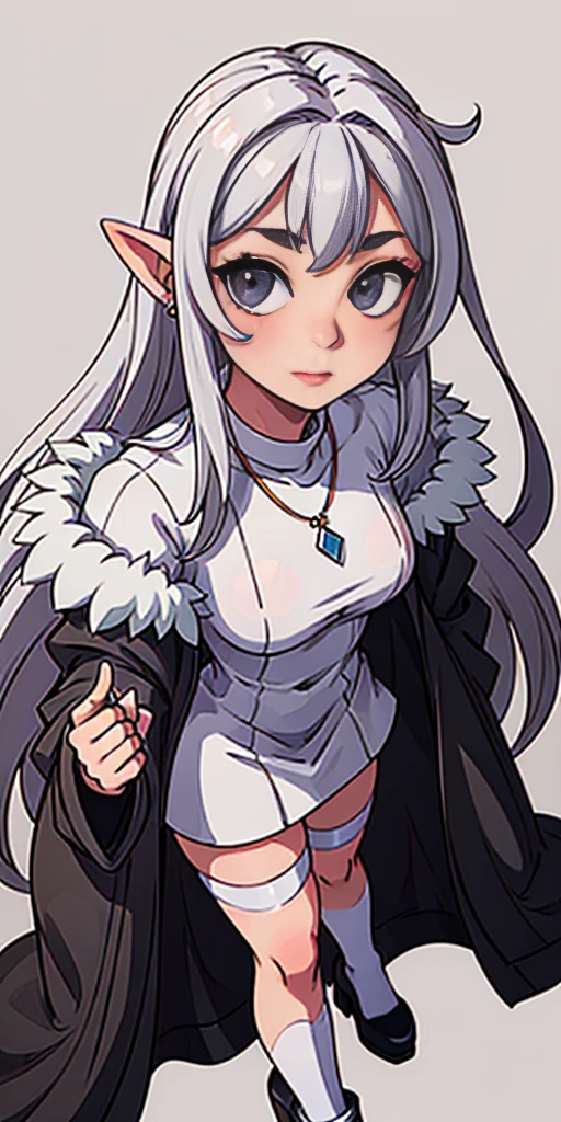 Pirotess dark elf. 1girl, white silver long hair, tellow eyes, white dress, black stockings, white high heels, jewelry necklace, fur coat, portrait