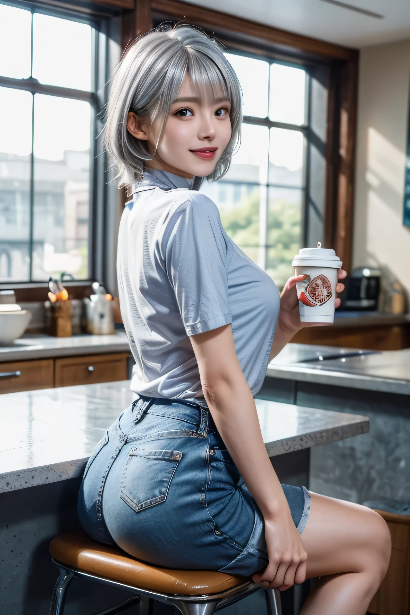 (Photorealistic:1.8, highest quality:1.8,8K masterpiece:1.8,High resolution,Mastepiece:1.8,RAW Photos,Cinematic lighting),No split screen、morning、Cafe、(A female college student sitting at a counter and holding a coffee cup:1.5)、(Soryu Asuka Langley)、Photo from behind、
(Completely naked、choker、Medium chest、White Shirt、Tight micro short denim、Wide open chest、Beautiful thighs、Plump nipples)、Spread your legs、
Bobcut、(Beautiful, shining red, blue, white, brown and silver hair:1.5)、Sparkling Blue Eyes、
greet、Smile
