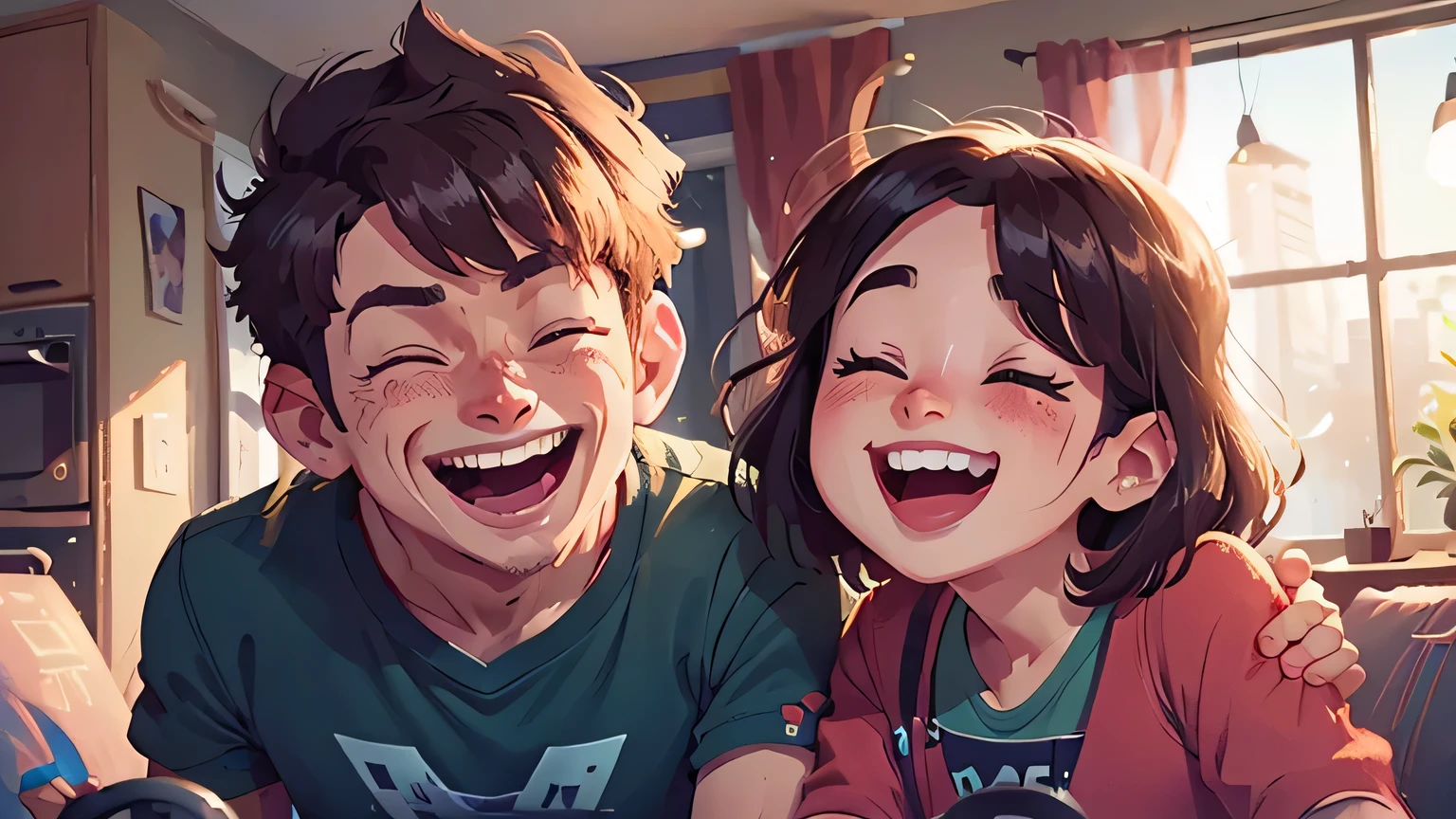 a man laughing together with a woman, high quality 8k cinematic