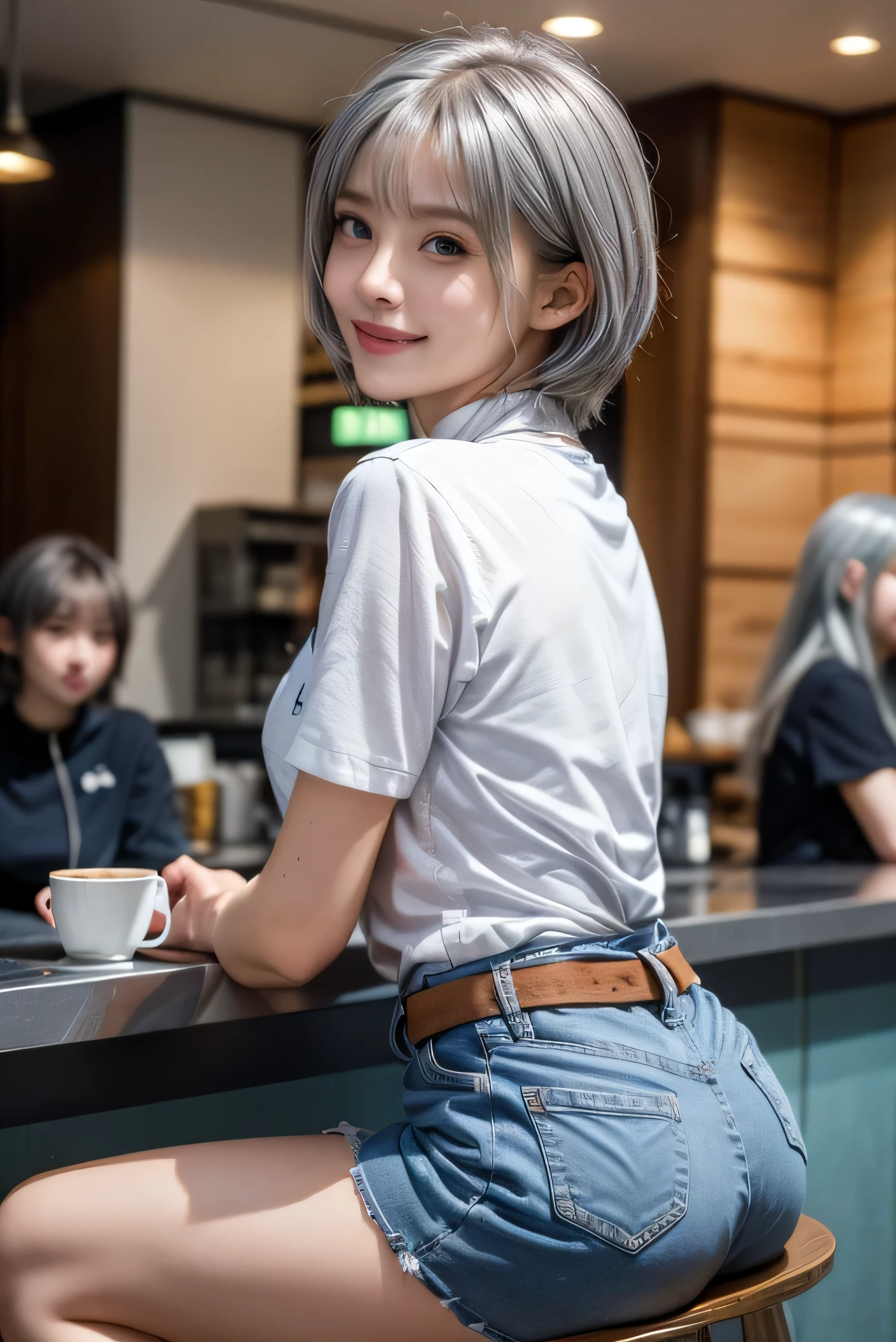 (Photorealistic:1.8, highest quality:1.8,8K masterpiece:1.8,High resolution,Mastepiece:1.8,RAW Photos,Cinematic lighting),No split screen、morning、Cafe、(A female college student sitting at a counter and holding a coffee cup:1.5)、(Soryu Asuka Langley)、Photo from behind、
(Completely naked、choker、Medium chest、White Shirt、Tight micro short denim、Wide open chest、Beautiful thighs、Plump nipples)、Spread your legs、
Bobcut、(Beautiful, shining red, blue, white, brown and silver hair:1.5)、Sparkling Blue Eyes、
greet、Smile
