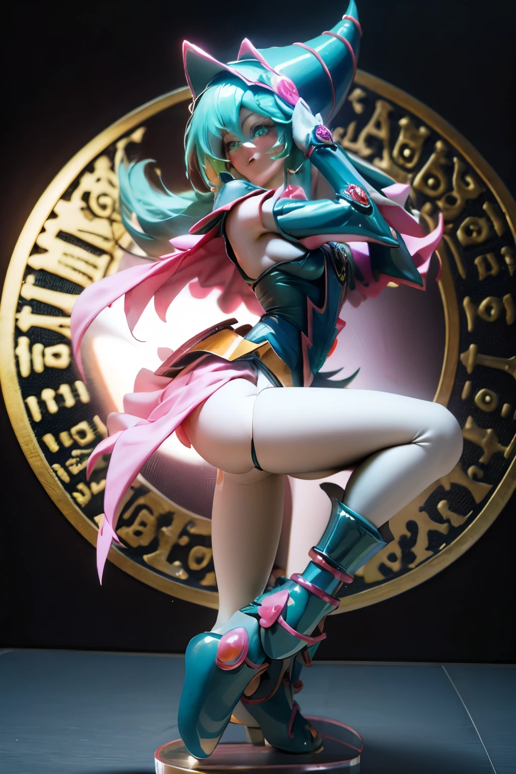 Hatsune Miku disfrazada de dark magician gils. Pose sensual y seductora. Fondo de magia