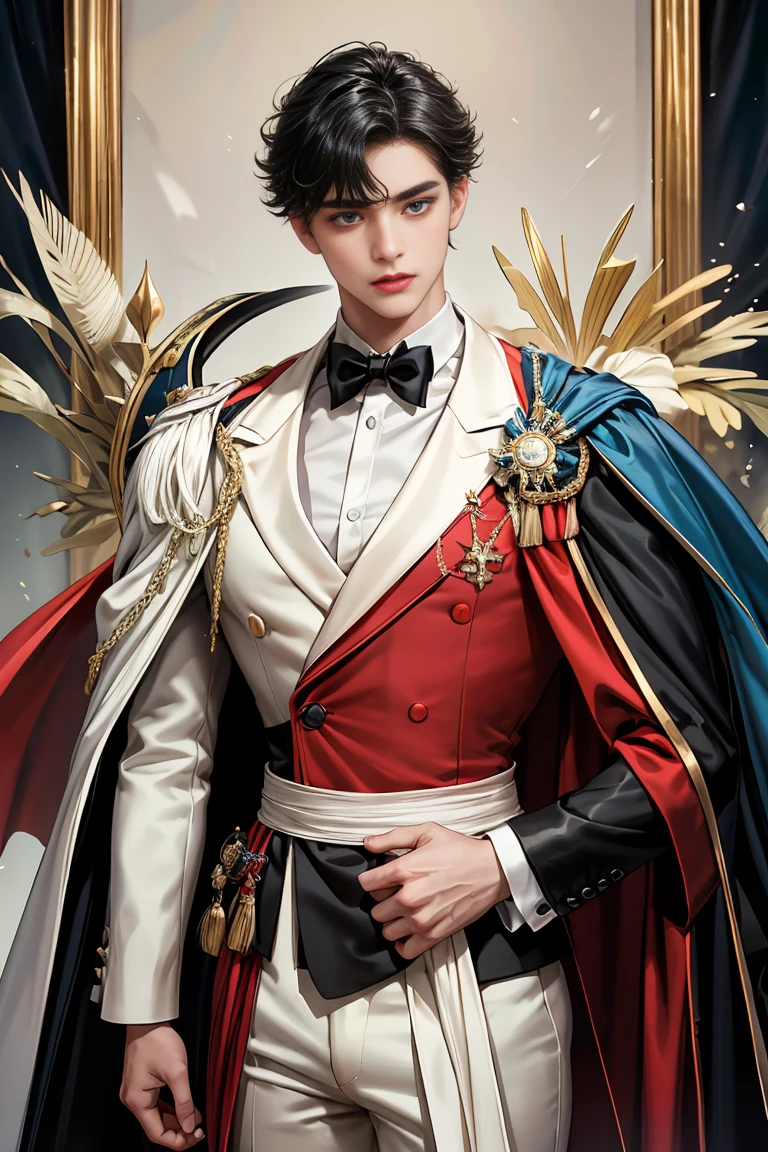 
masterpiece, 最high quality, high quality, 1 boy, alone, Male focus, Watching the audience,  Messy black hair, Adorable big blue eyes, White, Noble, Noble, Tuxedo、A very voluminous, large, very large, very large, long, long red and black cape with a high stand-up collar, made of a lot of fabric that reaches down to the floor., ,Cute beautiful boys,Cute, cute, kind, handsome guy