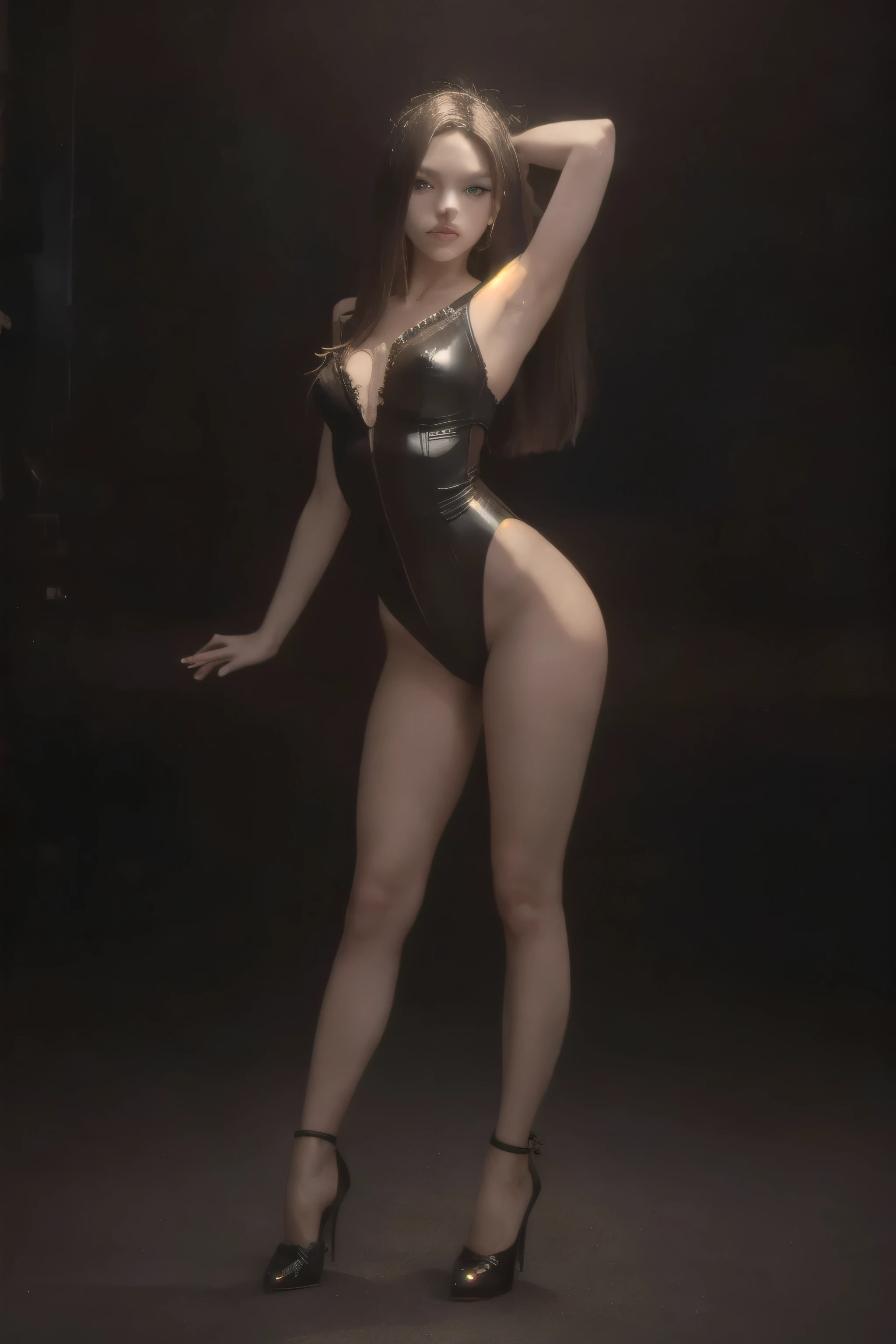 (best quality, highres, ultra-detailed:1.2), (realistic, photo-realistic:1.37), (HDR), (professional), (vivid colors), (bokeh), (portraits), (concept artists), (photography), (Mohawk haircut), (Woman), (leather leotard), (dark dance floor), (posing for a photo), (black make-up), (sensual pose), (fetish fashion), (techno aesthetic), (studio lighting), (sharp focus), (ultra-fine painting), (physically-based rendering), (extreme detail description), (UHD), (landscape), (sculpture), (dramatic shadows), (colorful neon lights), (dynamic composition), (expressive brushwork), (stunning contrast), (ethereal atmosphere), (emotional impact), (abstract forms), (rich textures), (subtle gradients), (captivating motifs), (intricate patterns), (hairstyle), (provocative), (leather accessories) crazy sexy shuffle dance, pulsating monochrome lights, shaking big booty