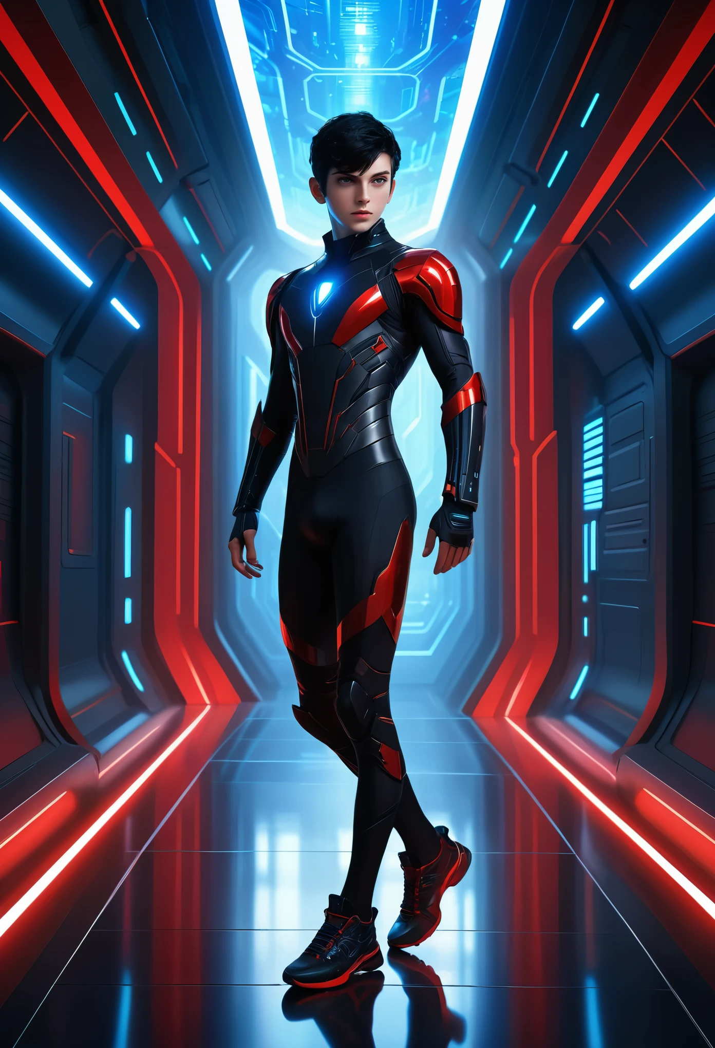 (Extremely detailed CG Unity 8K wallpaper,masterpiece),(Optimal lighting, The best shadow, extremely delicate and beautiful),(1 boy),blue eyes, Black Hair,Red and black sci-fi tights,Neck sealing,High-tech sci-fi corridor, Dynamic poses, Detailed mechanics, Stylish design.