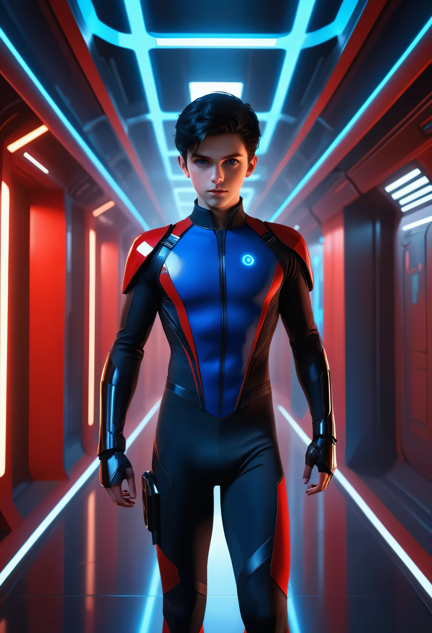 (Extremely detailed CG Unity 8K wallpaper,masterpiece),(Optimal lighting, The best shadow, extremely delicate and beautiful),(1 boy),blue eyes, Black Hair,Red and black sci-fi tights,Neck sealing,High-tech sci-fi corridor, Dynamic poses, Detailed mechanics, Stylish design.