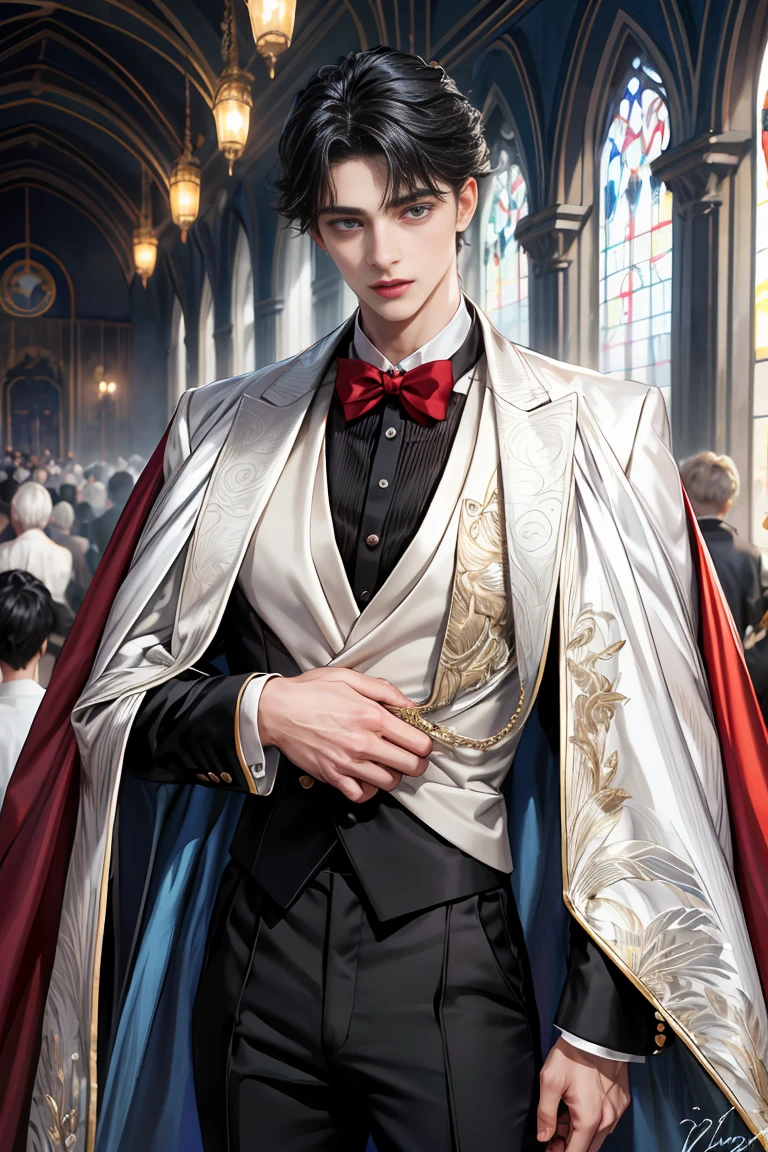 
masterpiece, 最high quality, high quality, 1 boy, alone, Male focus, Watching the audience,  Messy black hair, Adorable big blue eyes, White, Noble, Noble,Beautiful Vampire、 Tuxedo、A very voluminous, large, very large, very large, long, long red and black cape with a high stand-up collar, made of a lot of fabric that reaches down to the floor., 17 years old,Cute beautiful boys,Cute, cute, kind, handsome guy