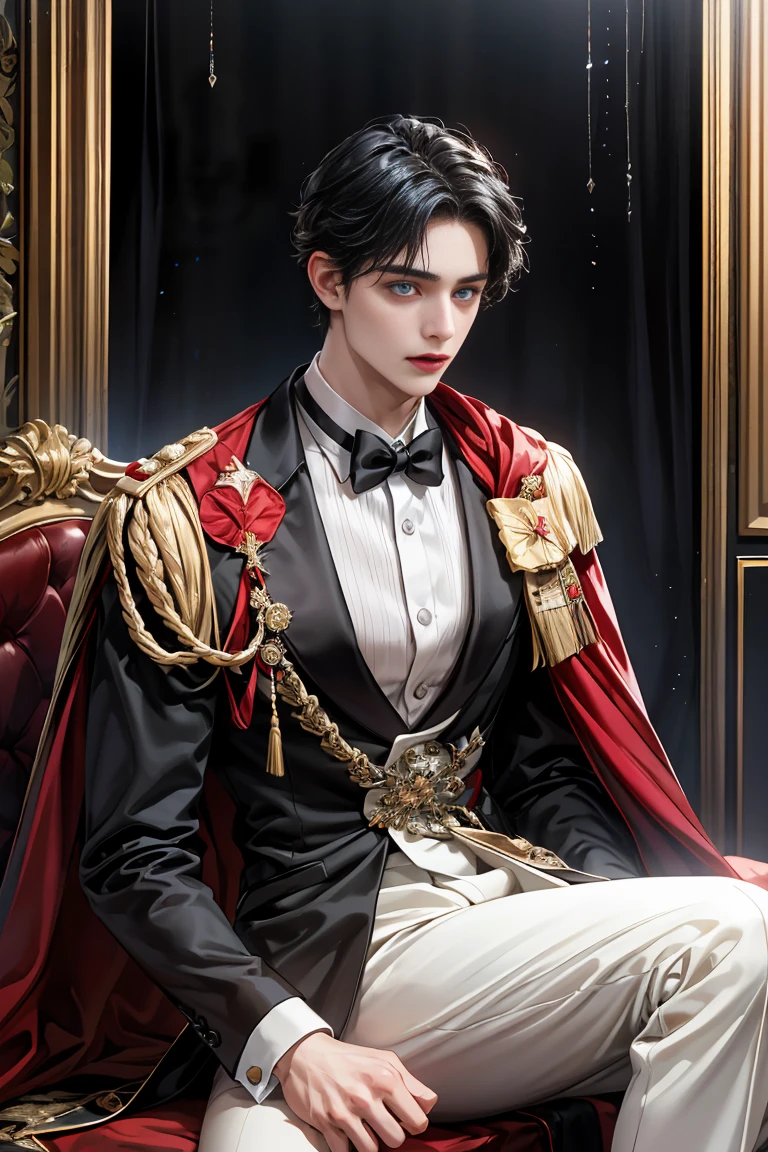 
masterpiece, 最high quality, high quality, 1 boy, alone, Male focus, Watching the audience,  Messy black hair, Adorable big blue eyes, White, Noble, Noble,Beautiful Vampire、 Tuxedo、A very voluminous, large, very large, very large, long, long red and black cape with a high stand-up collar, made of a lot of fabric that reaches down to the floor., ,Cute beautiful boys,Cute, cute, kind, handsome guy