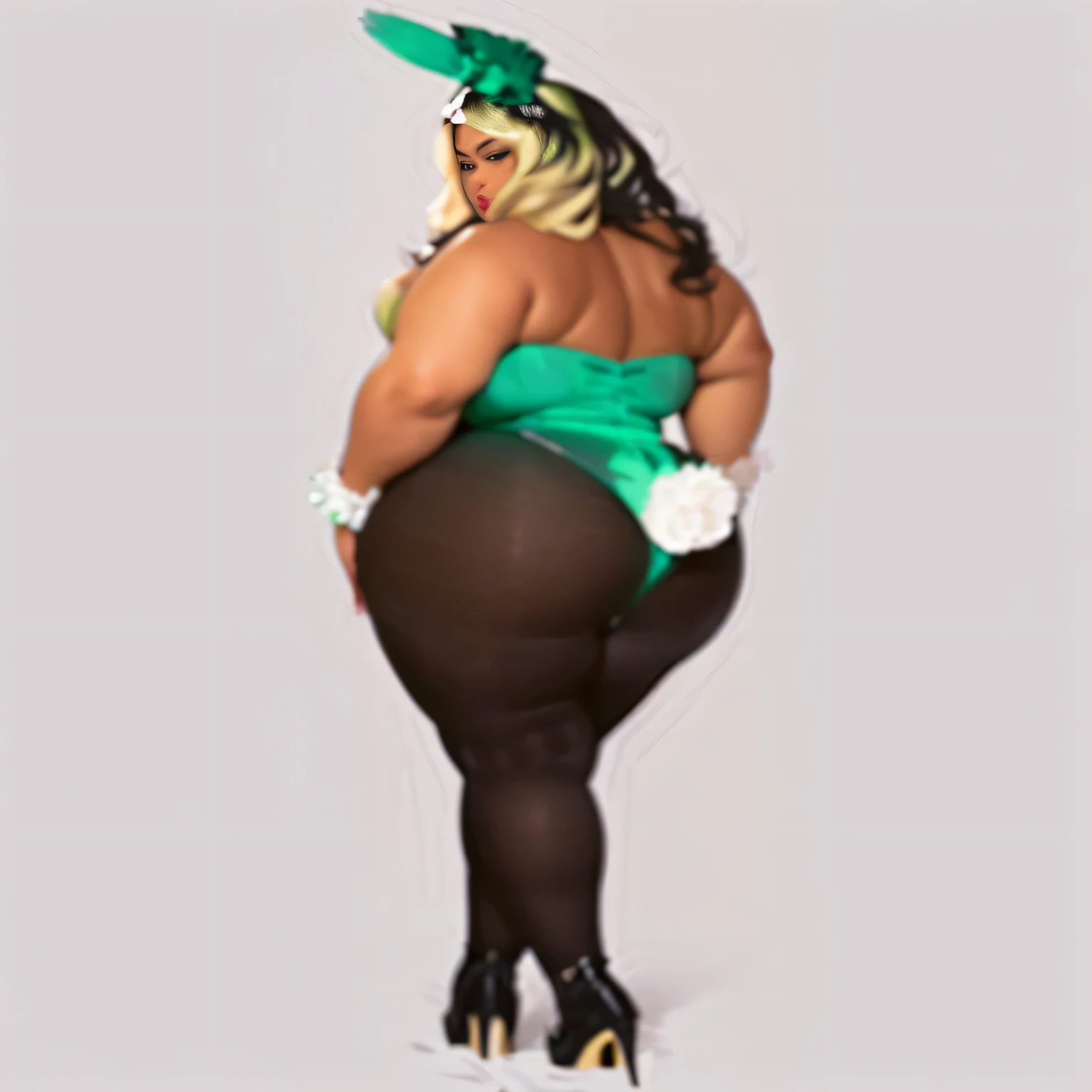 Close-up of a woman in a green dress and black tights, Shapely butt, Plus Size, thick, Butt Shape, thick, Widest Hips, Abnormally enlarged hips, Buttocks emphasized curvaceous, Shapely and firm ass, Back view. Parrot iem, well-shaped buttocks, Plus Size woman