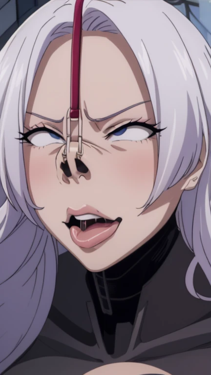 (High quality, Ultra detailed, best quality, insanely detailed, beautiful, masterpiece:1.5),(Mirajane Strauss),((Super super super huge breasts)),((Super super super big cleavage)),((Super super super super saggy breasts)),Bimbo face:1.5,Heavy makeup:1.5,Brown skin:1.5,Heavy makeup:1.5.Mature Woman:1.5,Middle-aged women:1.5,),(Nose hook:1.2),(close up face),Accurate nostrils,(Nose Hook:1.5),(Facial Realism)超Swollen lips, Super thick lips, Kissing Face,, Glowing Skin,masterpiece, highest quality, naughty smile,(vapor:1.2), (Happy:1.4),(Ahegao:1.6),(Roll your eyes,1.6),(blowing foam through the mouth:1.2),(Attractive mature woman,Super strong super huge huge vulgar face:1.2),(Ahegao:1.8),(Roll your eyes:1.6),(Huge very angry face:1.6),(put on a mean look:1.8),(put on a mean look:1.8),masterpiece, highest quality,Super evil smile, blush, I breathe,Glowing Skin,highest quality, 8K, 32k, masterpiece, Detailed face, Lips Detail, Fine grain, double eyelid,Pink thick lips,Swollen lips,(Widening pig nostrils),(Super super super enlarged nostrils:1.5),Iris,View from above,(Cyborg Mecha Monster Suit:1.5),(face focus,close up face),(Exact nose count,Accurate nostrils,I can see the back of his nostrils),(Look up,Fisheye,Looking from above,Looking down on someone,Saucy),