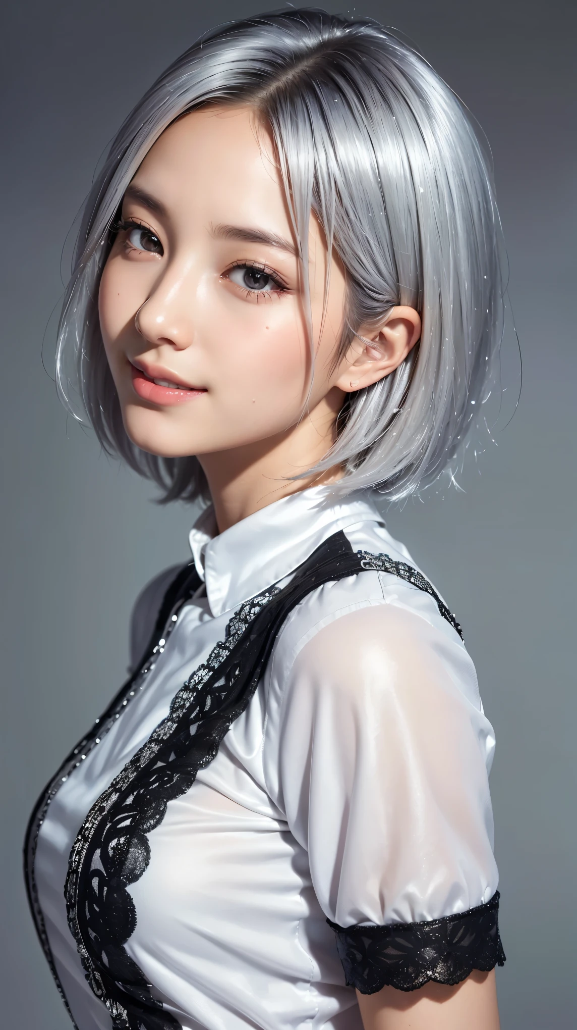 Realistic, masterpiece, highest quality, Highest Resolution, A portrait of a Japanese woman, depicting only the upper body, portrait background, A happy smile, slightly turned to the side, Always watching the audience, Beautifully detailed eyes, Dark Eyes, Looks sleepy, Sparkling eyes, (hidden creased eyelids:1.2), Thin eyebrows, Carefully draw eyelashes, Natural Makeup, (short hair, Silver Hair:1.3), Detailed face, (Close up on face:1.1), (Black short-sleeved shirt:1.3)