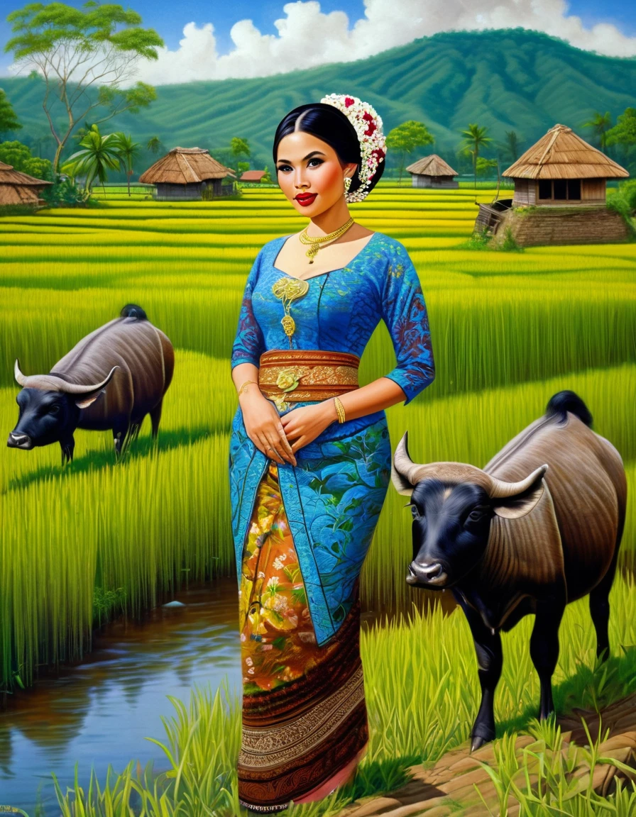 Gorgeous busty alluring curvy seducing javanese peasant woman donning a brocade kebaya dress and batik long skirt, simple bun hairdo with small beautiful flowers in her hair, insanely detailed and intricate terraced rice field background with water buffalo ajd duck shepherd in a far distance, oil on canvas painting, realistic style, heavily influenced by Don Lawrence photorealistic brush stroke style