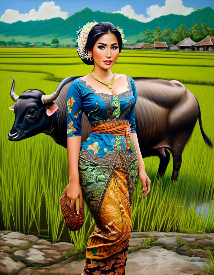 Gorgeous busty alluring curvy seducing javanese peasant woman donning a brocade kebaya dress and batik long skirt, simple bun hairdo with small beautiful flowers in her hair, insanely detailed and intricate terraced rice field background with water buffalo ajd duck shepherd in a far distance, oil on canvas painting, realistic style, heavily influenced by Don Lawrence photorealistic brush stroke style