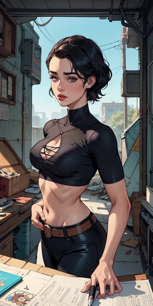 Personagem mulher estilo atompunk Fallout 4 cabelos pretos atriz Ella Purnell com marcas de guerras Imagem de desenho animado de uma mulher .Ilustracaoo estilo desenho animado, estilo de arte dos desenhos animados, estilo de arte dos desenhos animados, digital illustration style, estilo atompunk design de personagens altamente detalhado, arte digital detalhada coragem,actress Ella Purnell with black hair slim body Forest fan art, Design de cabelos pretos personagens de retrato, beautiful digital illustration, retrato de alta qualidade, Arte em quadrinhos, s . Eyelined eyes, medium bust and wonderful sexy clothes. image expression of sexual desire from waist to head illustration atompunk style Fallout 4 The perspective is from below, enfatizando a majestade e o poder da Gigante."actress Ella Purnell black hairstyle Cartoon style digital illustration GTA style