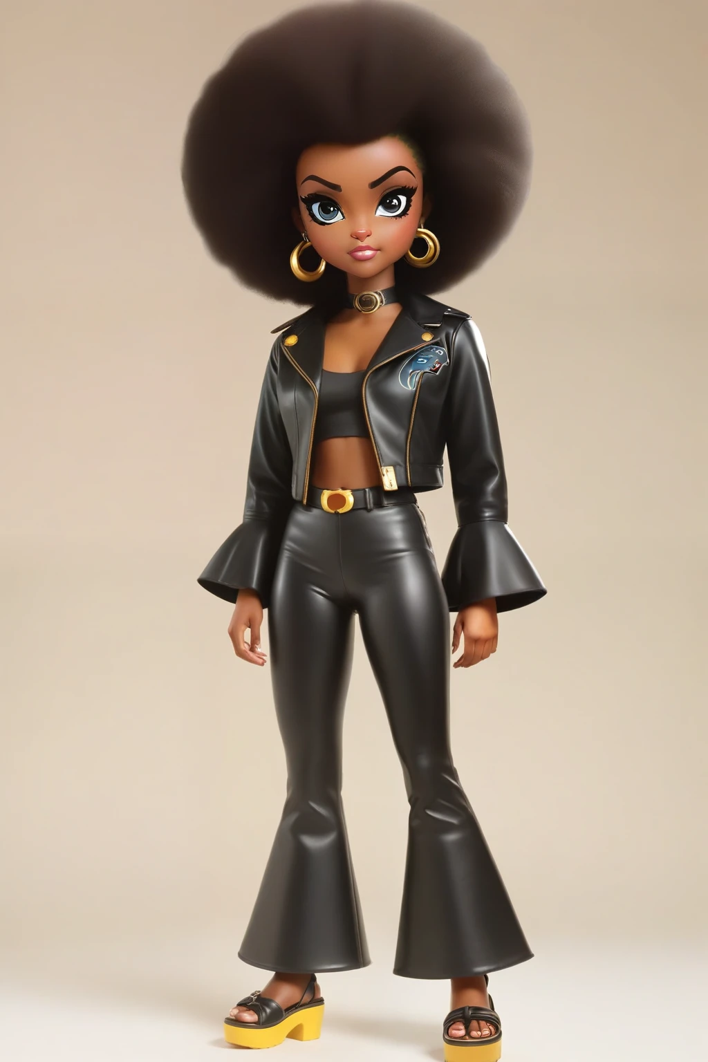 The cartoon -Healthcliff and the Catillac female cat, 1970's Afro puffs , short black panther leather jacket, bell bottom pants, 6 inch platform sandals