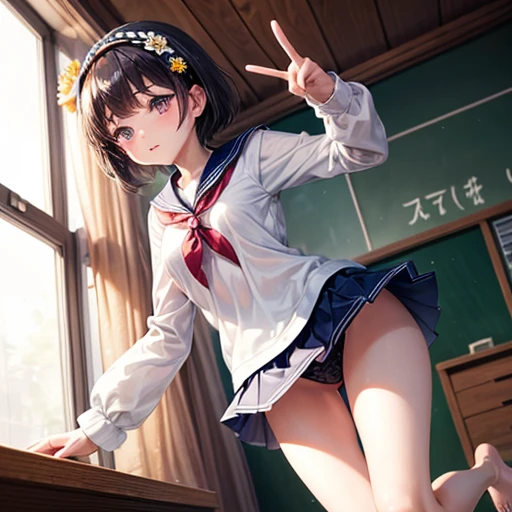 masterpiece, highest quality, High resolution, short hair, Short skirt、Drooping eyes,barefoot,Looking up,Embarrassed face,Angle from below、Small breasts、Sailor suit、Polka dot underwear、Peace sign next to face、In the classroom、The legs are thin、soaked、Hair color is black、Wear a flower headband on your head