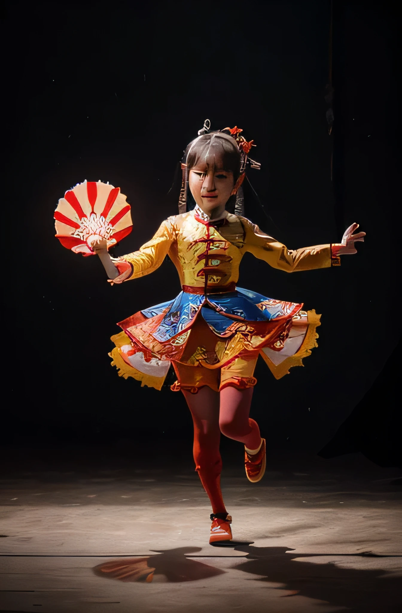 shadow play，Paper-cut Peking Opera, Little girl made with shadow play, Colorful clothing, Red, yellow and blue tights and skirt with hollow pattern puppet, Chinese Arts,Dressed in Chinese shadow play clothes, Little girl dancing, Asian Art, Chinese opera elements, Adorable shadow play Costume for Kids，Fashion Design Based on China&#39;s shadow play， Dancing full body picture， Full-length color profile， Very interesting shadow play for little girls colorful Chinese shadow play shape，Cartoon Costume Fun，colorful， Colorful shadow play