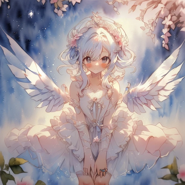 (nursery), cute, moe, ((two angel girls)), calm, (healing), ((two girls playing together)), cute, watercolor, (full body)), (cute 6  girl), (((drawn with delicate, fine lines, cherry blush, fair skin, slim body, long eyelashes, attractive, sparkling big eyes )))), (((pretty dress with detailed and delicate design, full of ribbons, lace and frills)), (((angel wings on her back, angel ring on her head))), full smile. ((watercolor style, moe anime textures)), world full of mysterious light, ((cute)), gentle, healing, magical fantasy, (((top quality, highest image quality))),