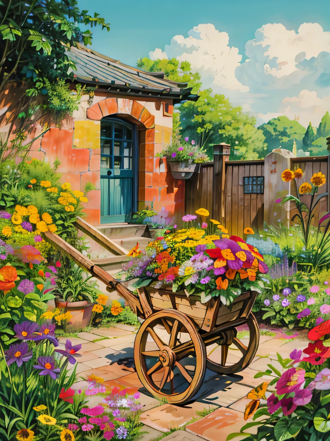 a garden with a wheelbarrow full of flowers, marigold background, garden with flowers background, with colorful flowers and plants, beautiful isometric garden, background of flowery hill, garden background, royal garden background, garden with flowers, background art, sunny day background, cottagecore flower garden, house background, garden landscape, flower garden, home and garden, 4k hd,, beautiful art uhd 4 k, a beautiful artwork illustration, beautiful digital painting, highly detailed digital painting, beautiful digital artwork, detailed painting 4 k, very detailed digital painting, rich picturesque colors, gorgeous digital painting