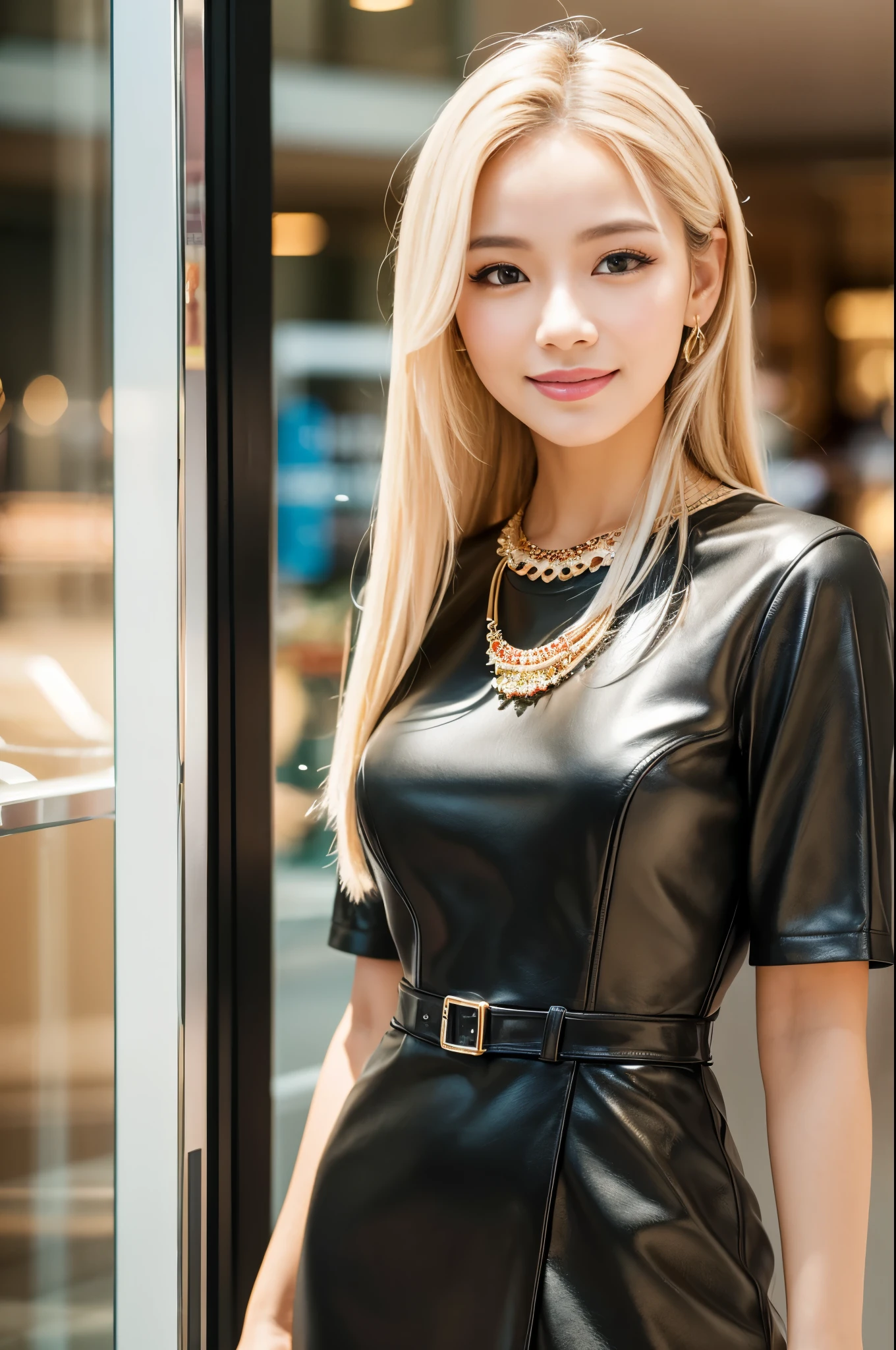 (best quality, 4k ,8k, highres, masterpiece:1.2), ultra-detailed, (realistic, photorealistic, photo-realistic:1.37), beautiful Thai woman, beautiful smile, long lashes, defined eyebrows, platinum blonde hair, fair skin, slender figure, elegant posture, wearing large sparkling colorful jewelery, wearing a business style black leather dress, standing in a large shopping mall, gentle sunlight shining through the shopping mall windows, casting a soft glow on her face, adding warmth to the scene, vibrant colors, capturing the essence of vibrant city life, portrait style, showcasing her natural beauty and grace in a feminine way.