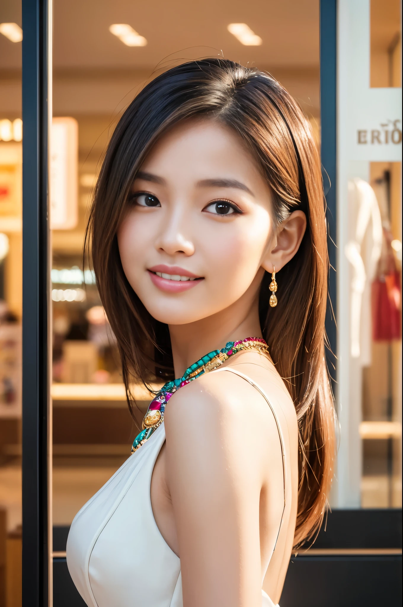 (best quality, 4k ,8k, highres, masterpiece:1.2), ultra-detailed, (realistic, photorealistic, photo-realistic:1.37), beautiful Thai woman, beautiful smile, long lashes, defined eyebrows, platinum blonde hair, fair skin, slender figure, elegant posture, wearing large sparkling colorful jewelery, wearing a business style black leather dress, standing in a large shopping mall, gentle sunlight shining through the shopping mall windows, casting a soft glow on her face, adding warmth to the scene, vibrant colors, capturing the essence of vibrant city life, portrait style, showcasing her natural beauty and grace in a feminine way. 