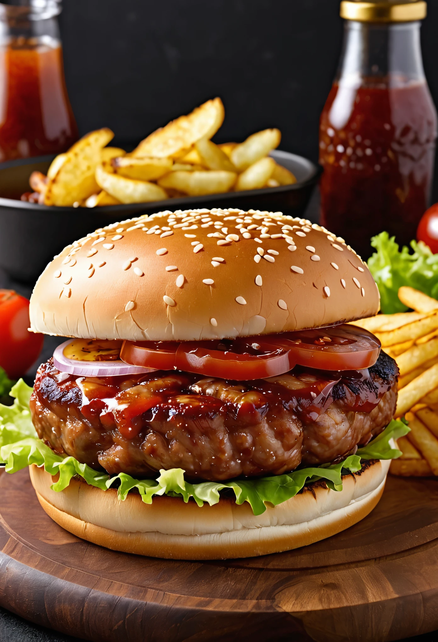 hamburguesa de asador, Salsa BBQ, tocino, un filete al lado, plato dorado, Plato de oro, plato de oro