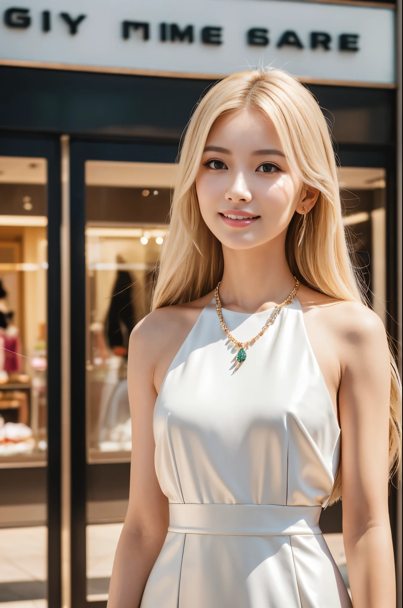 (best quality, 4k ,8k, highres, masterpiece:1.2), ultra-detailed, (realistic, photorealistic, photo-realistic:1.37), beautiful Thai woman, beautiful smile, long lashes, defined eyebrows, platinum blonde hair, fair skin, slender figure, elegant posture, wearing large sparkling colorful jewelery, wearing a business style black leather dress, standing in a large shopping mall, gentle sunlight shining through the shopping mall windows, casting a soft glow on her face, adding warmth to the scene, vibrant colors, capturing the essence of vibrant city life, portrait style, showcasing her natural beauty and grace in a feminine way.