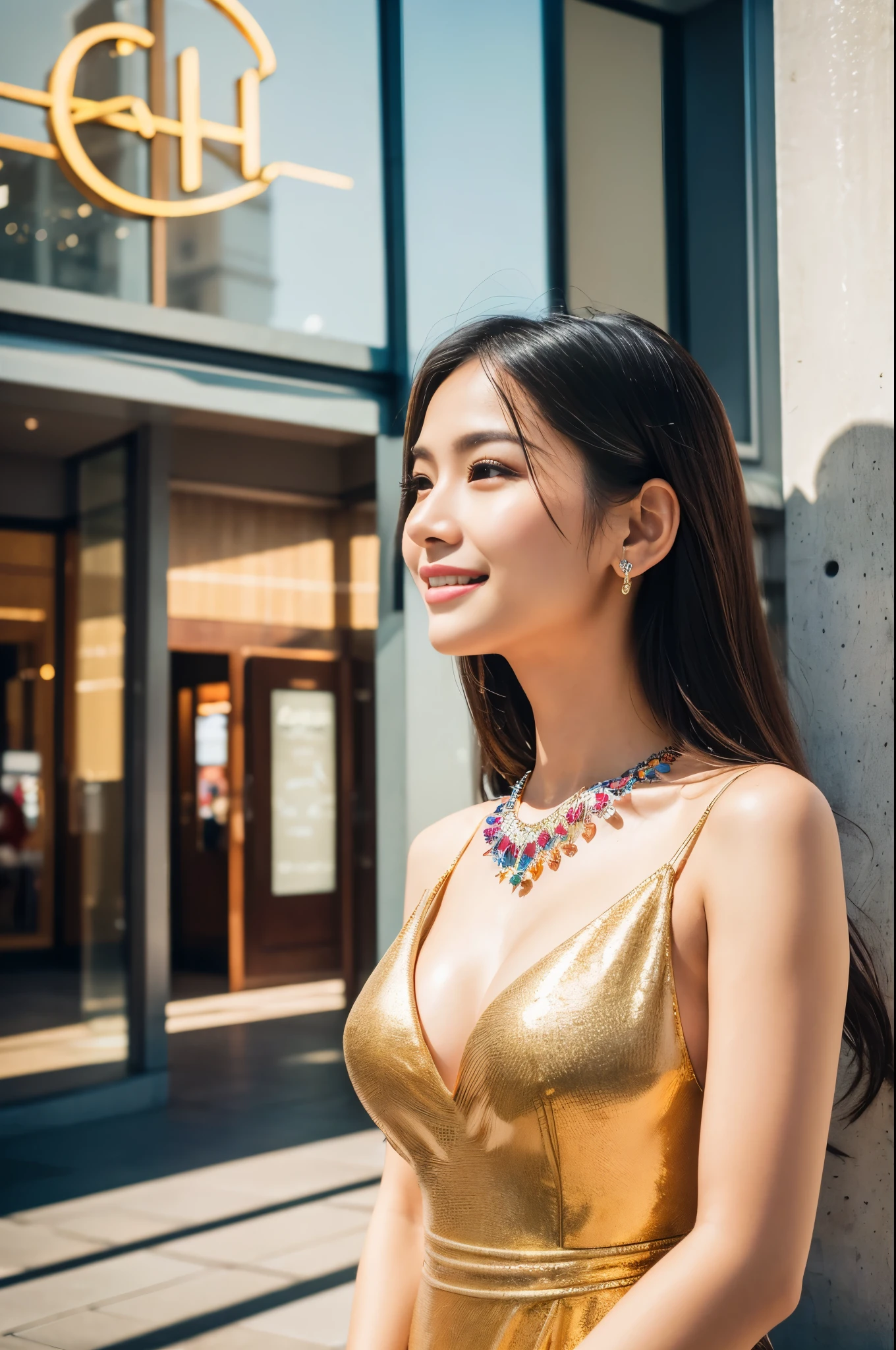 (best quality, 4k ,8k, highres, masterpiece:1.2), ultra-detailed, (realistic, photorealistic, photo-realistic:1.37), beautiful Thai woman, beautiful smile, long lashes, defined eyebrows, platinum blonde hair, fair skin, slender figure, elegant posture, wearing large sparkling colorful jewelery, wearing a business style black leather dress, standing in a large shopping mall, gentle sunlight shining through the shopping mall windows, casting a soft glow on her face, adding warmth to the scene, vibrant colors, capturing the essence of vibrant city life, portrait style, showcasing her natural beauty and grace in a feminine way.