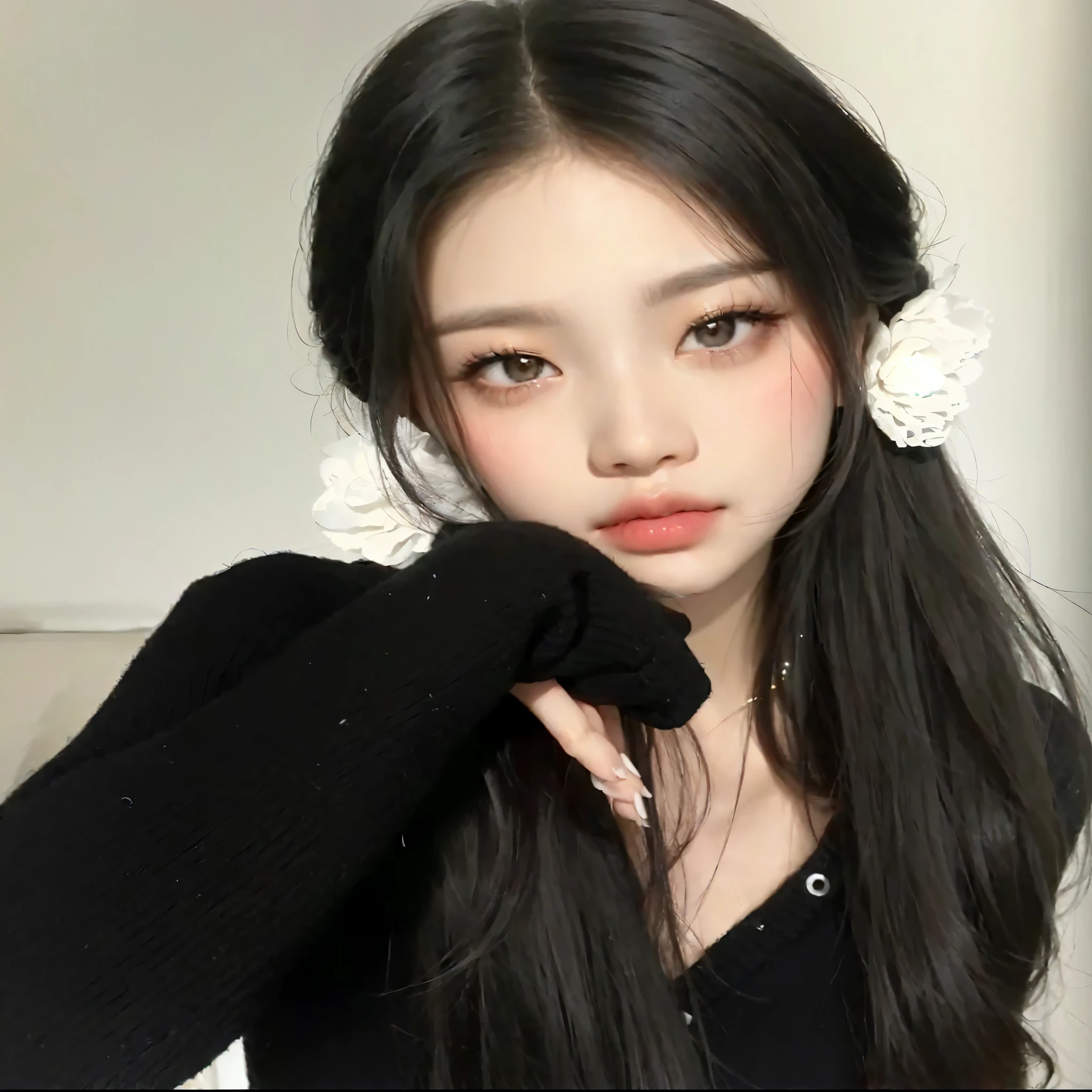 a close up of a woman with long hair wearing a black sweater, ulzzang, young adorable korean face, korean girl, wan adorable korean face, young cute wan asian face, popular south korean makeup, gorgeous young korean woman, popular korean makeup, beautiful young korean woman, beautiful aesthetic face, beautiful south korean woman, korean face features, beautiful asian girl wonyoung Ive, wonyoung Ive, wonyoung Ive, wonyoung Ive, wonyoung Ive, wonyoung Ive