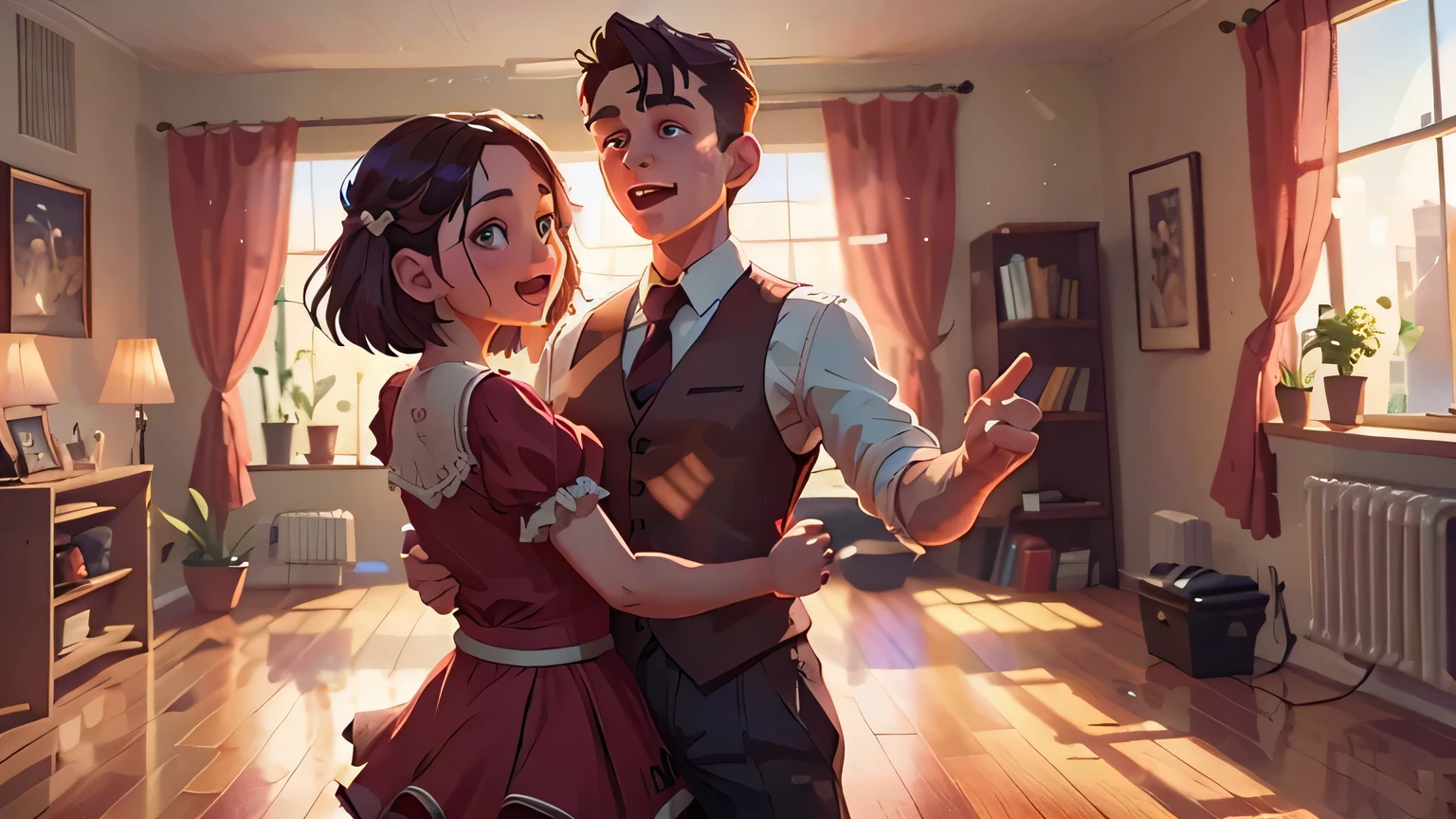 a man dancing with a woman in the middle of the room, high quality 8k cinematic
