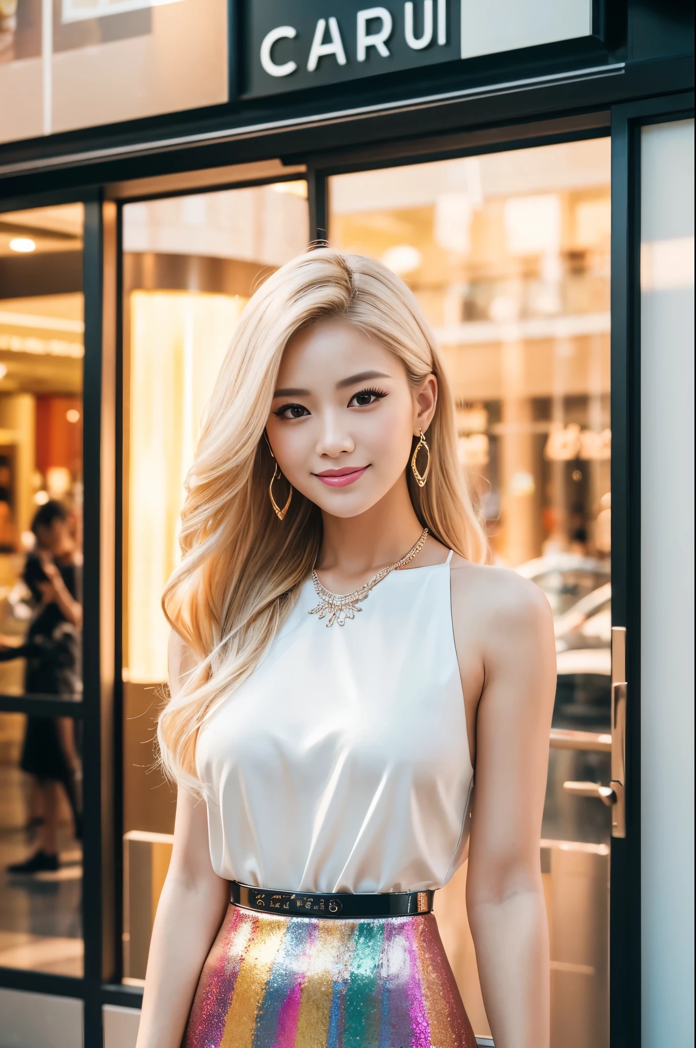 (best quality, 4k ,8k, highres, masterpiece:1.2), ultra-detailed, (realistic, photorealistic, photo-realistic:1.37), beautiful Thai woman, beautiful smile, long lashes, defined eyebrows, platinum blonde hair, fair skin, slender figure, elegant posture, wearing large sparkling colorful jewelery, wearing a business style black leather dress, standing in a large shopping mall, gentle sunlight shining through the shopping mall windows, casting a soft glow on her face, adding warmth to the scene, vibrant colors, capturing the essence of vibrant city life, portrait style, showcasing her natural beauty and grace in a feminine way.